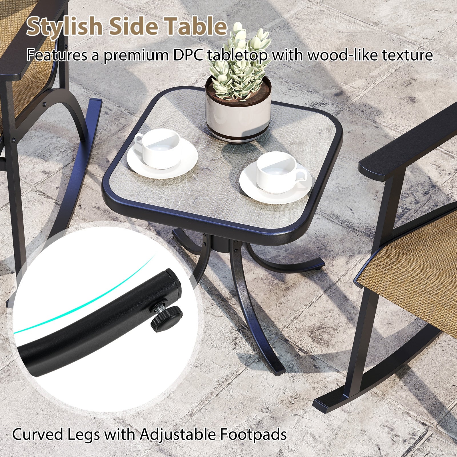 Heavy-Duty Rocking Bistro Set, High Backrest, Wood-Plastic Tabletop, Brown - Image 10