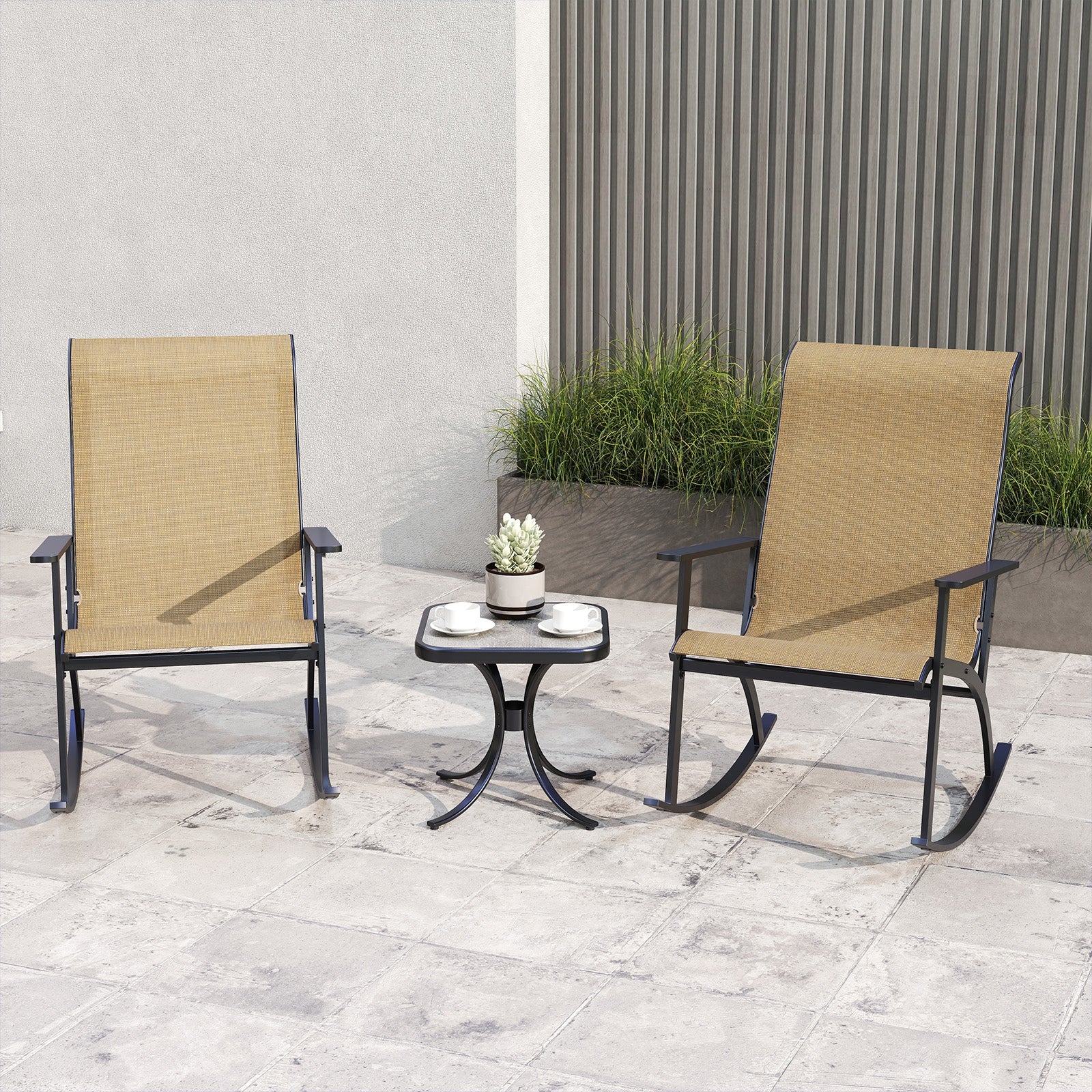 Heavy-Duty Rocking Bistro Set, High Backrest, Wood-Plastic Tabletop, Brown - Image 2