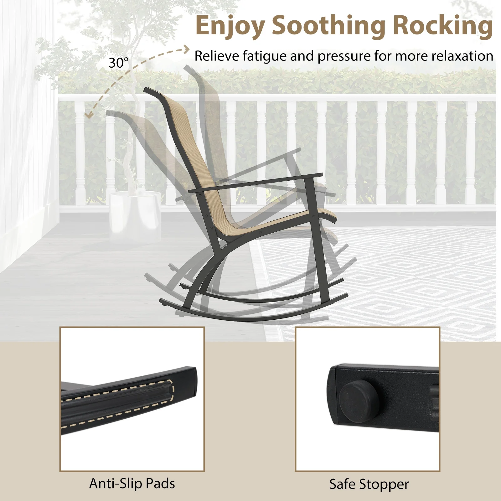 Heavy-Duty Rocking Bistro Set, High Backrest, Wood-Plastic Tabletop, Brown - Image 8