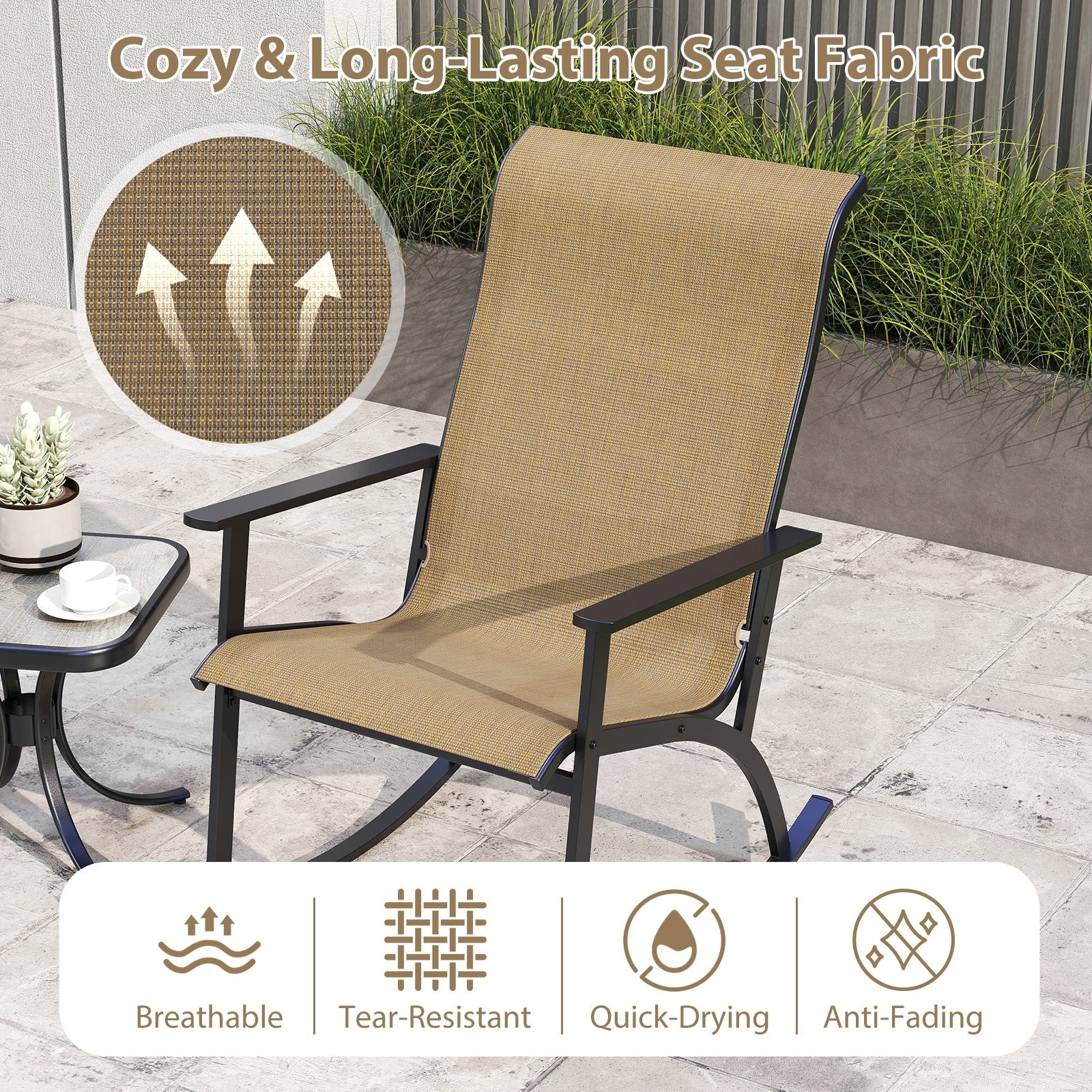Heavy-Duty Rocking Bistro Set, High Backrest, Wood-Plastic Tabletop, Brown - Image 9