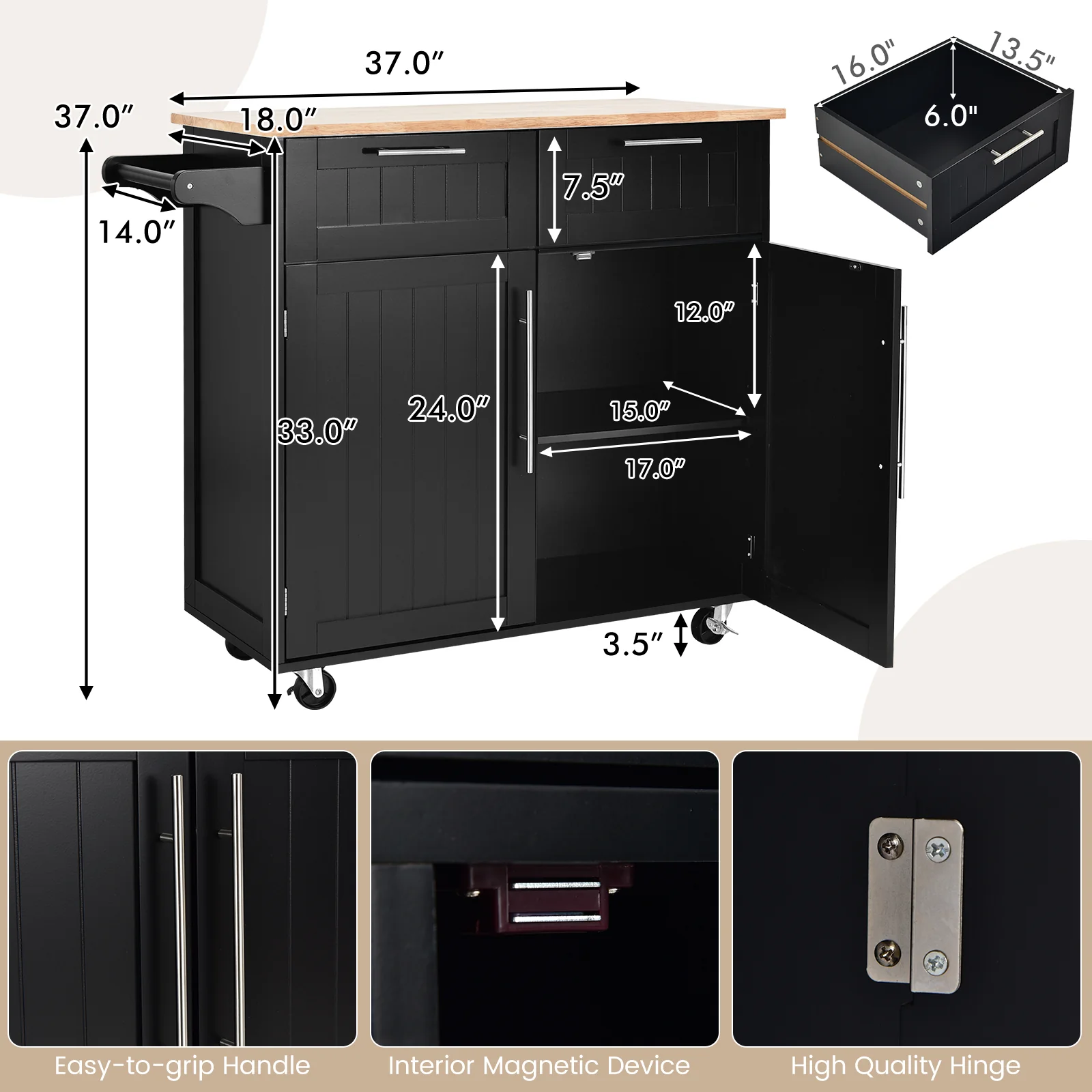 Heavy Duty Rolling Kitchen Cart With Drawer, Black - Image 5