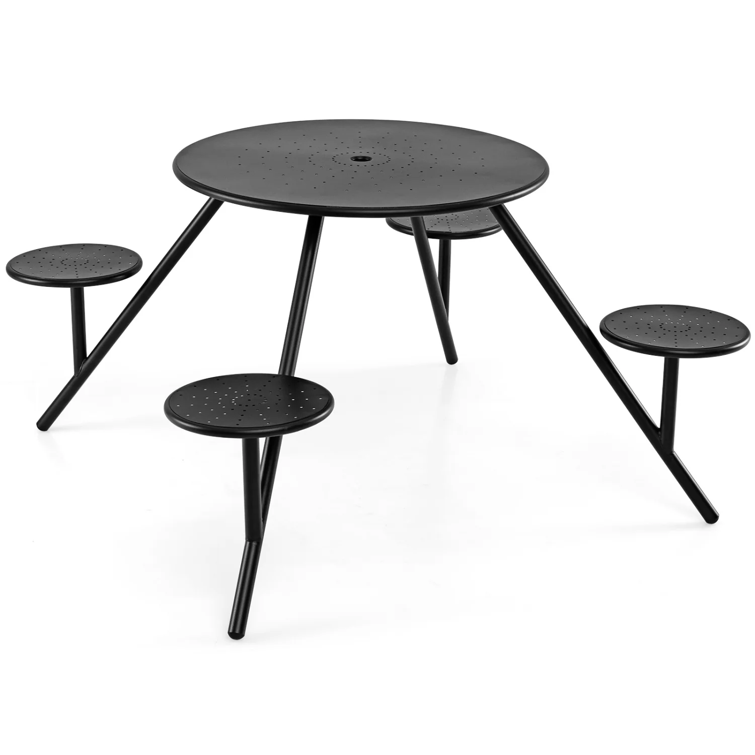Heavy Duty Round Picnic Table for 4 with Iron Seats & Umbrella Hole, Black