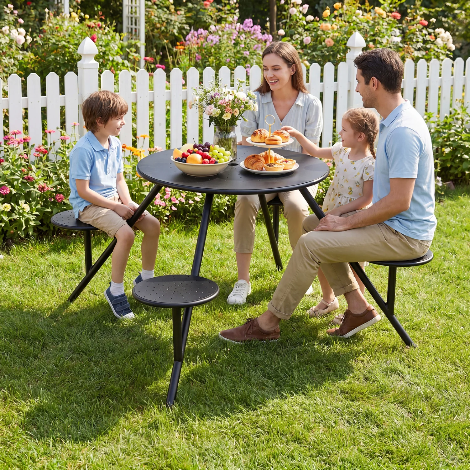 Heavy Duty Round Picnic Table for 4 with Iron Seats & Umbrella Hole, Black - Image 2