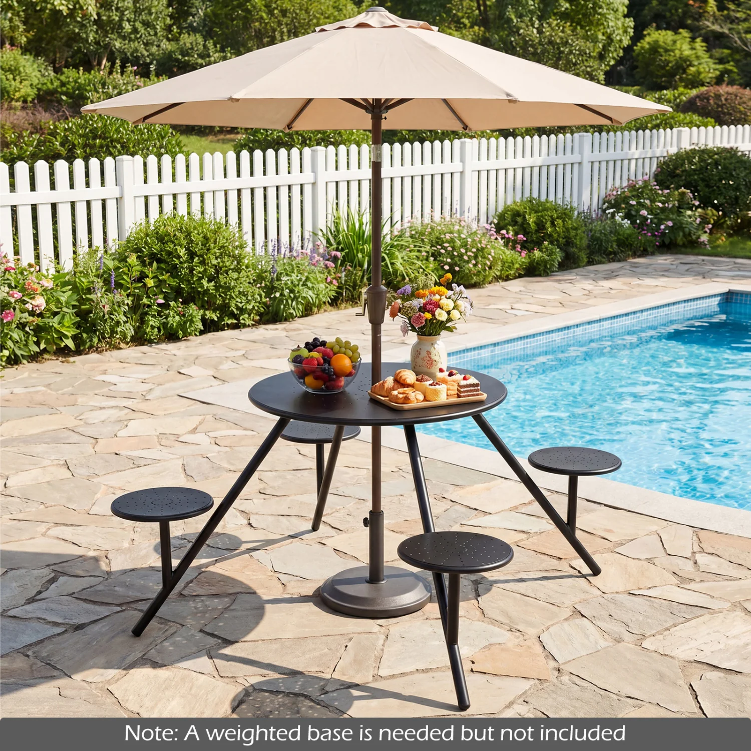 Heavy Duty Round Picnic Table for 4 with Iron Seats & Umbrella Hole, Black - Image 3