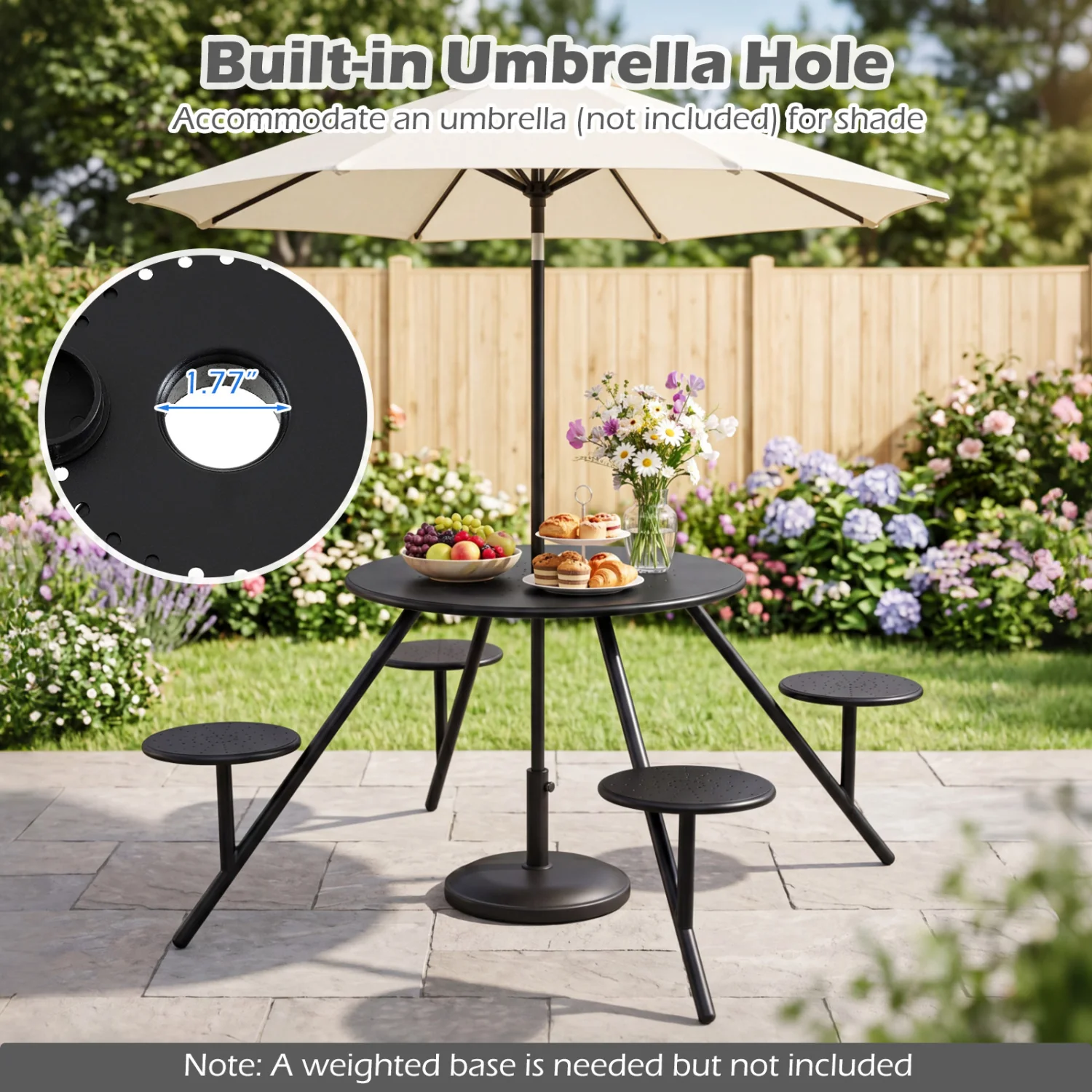 Heavy Duty Round Picnic Table for 4 with Iron Seats & Umbrella Hole, Black - Image 7
