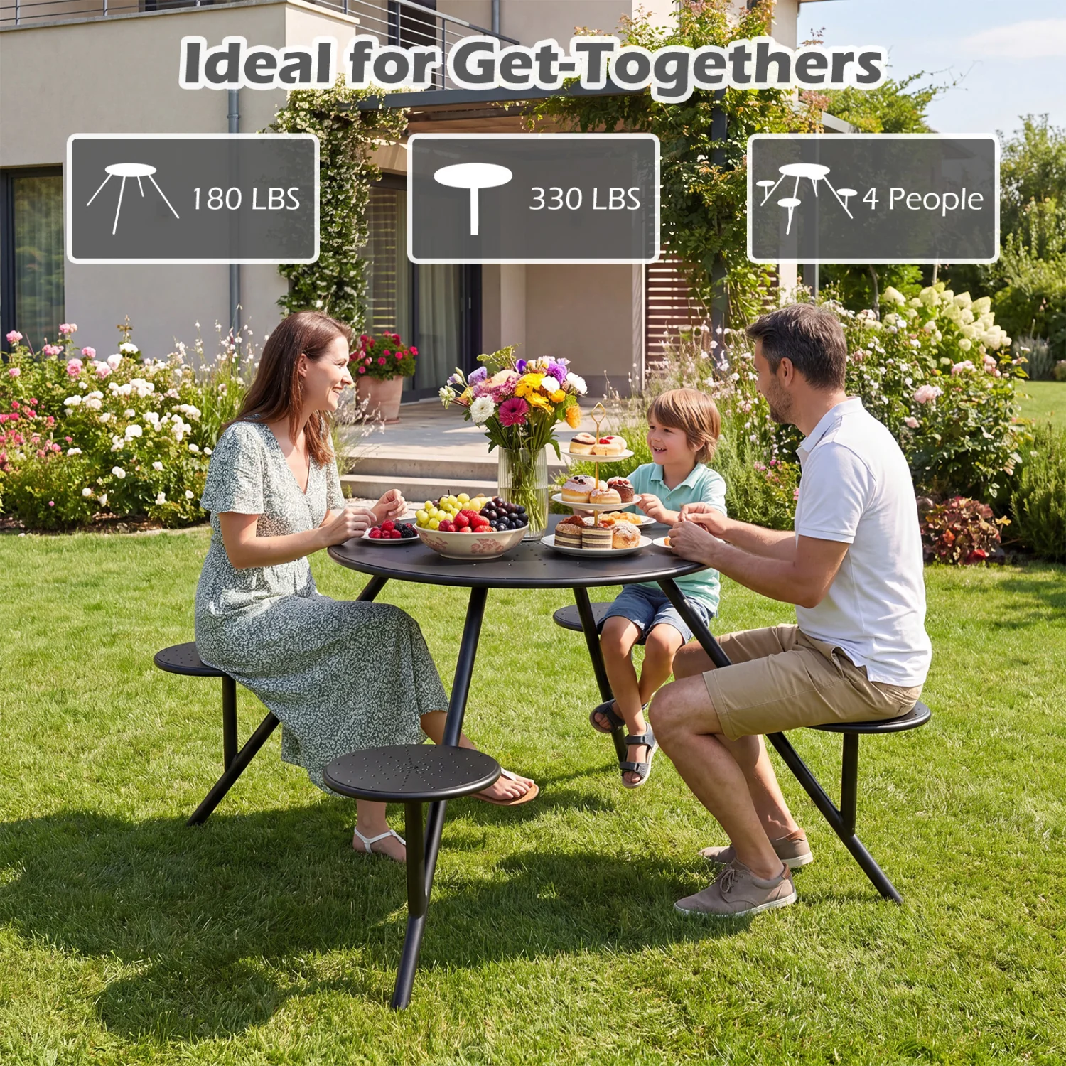 Heavy Duty Round Picnic Table for 4 with Iron Seats & Umbrella Hole, Black - Image 8