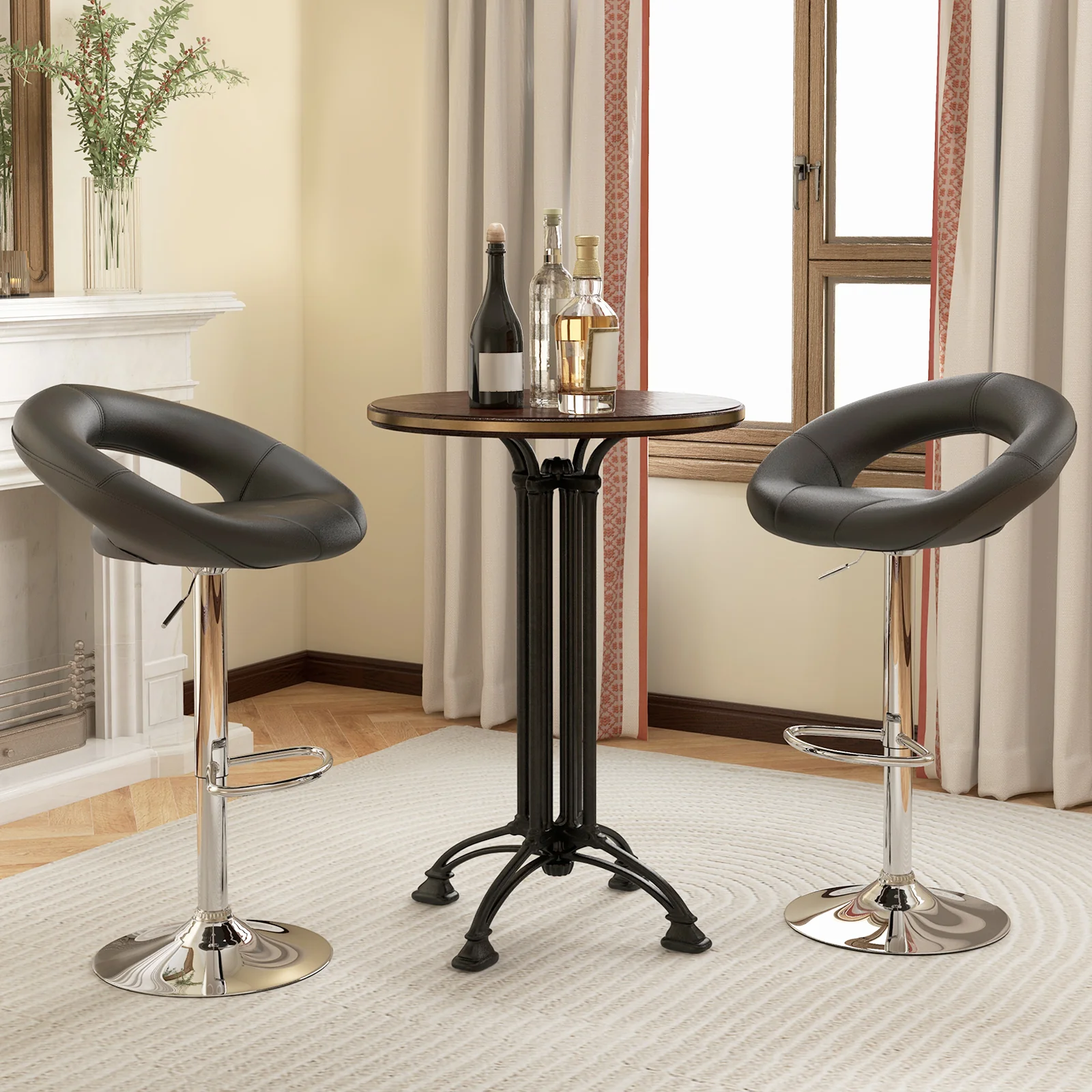 Height Adjustable Bar Stools, Set of 2, Hollow Back, Footrest, Black - Image 2