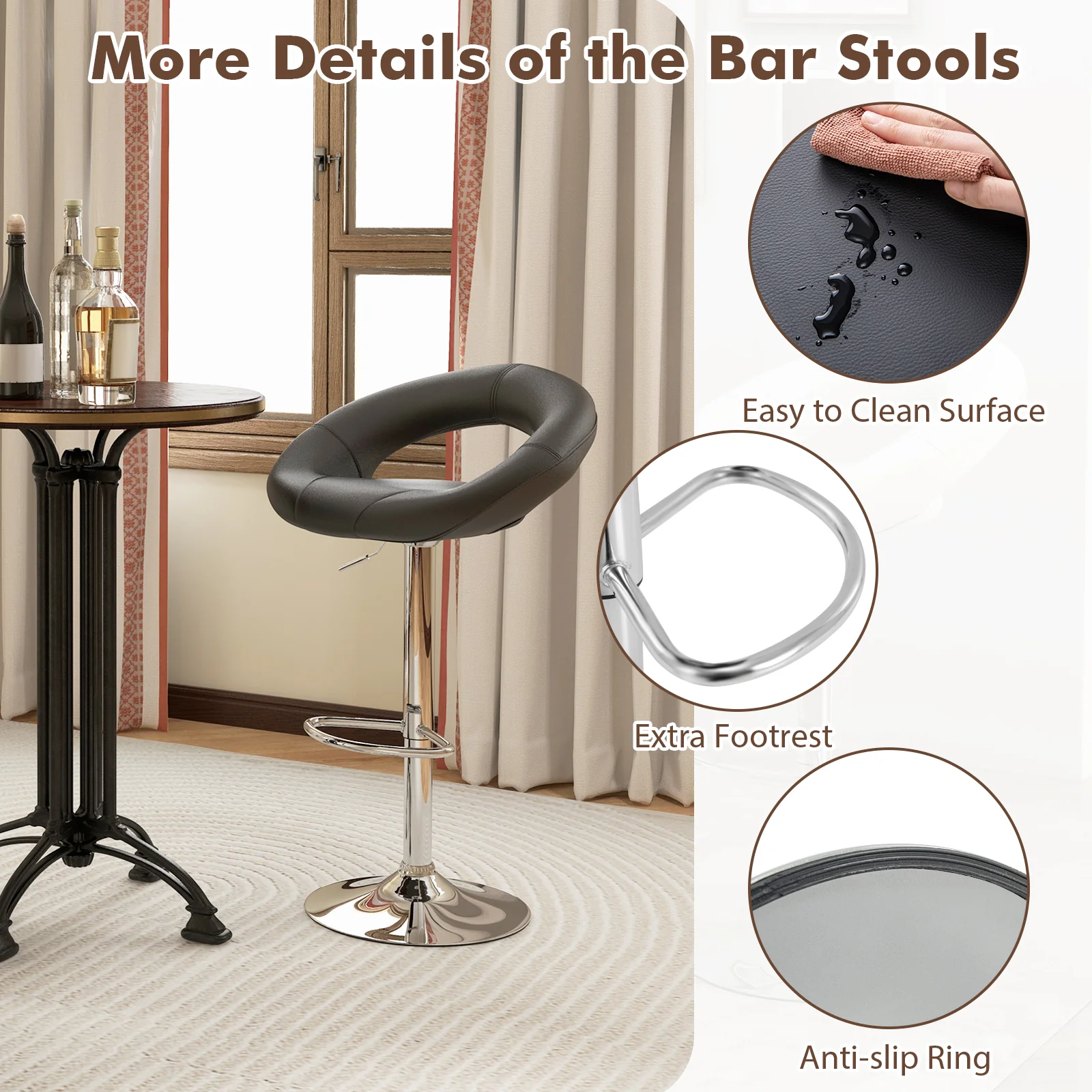 Height Adjustable Bar Stools, Set of 2, Hollow Back, Footrest, Black - Image 8