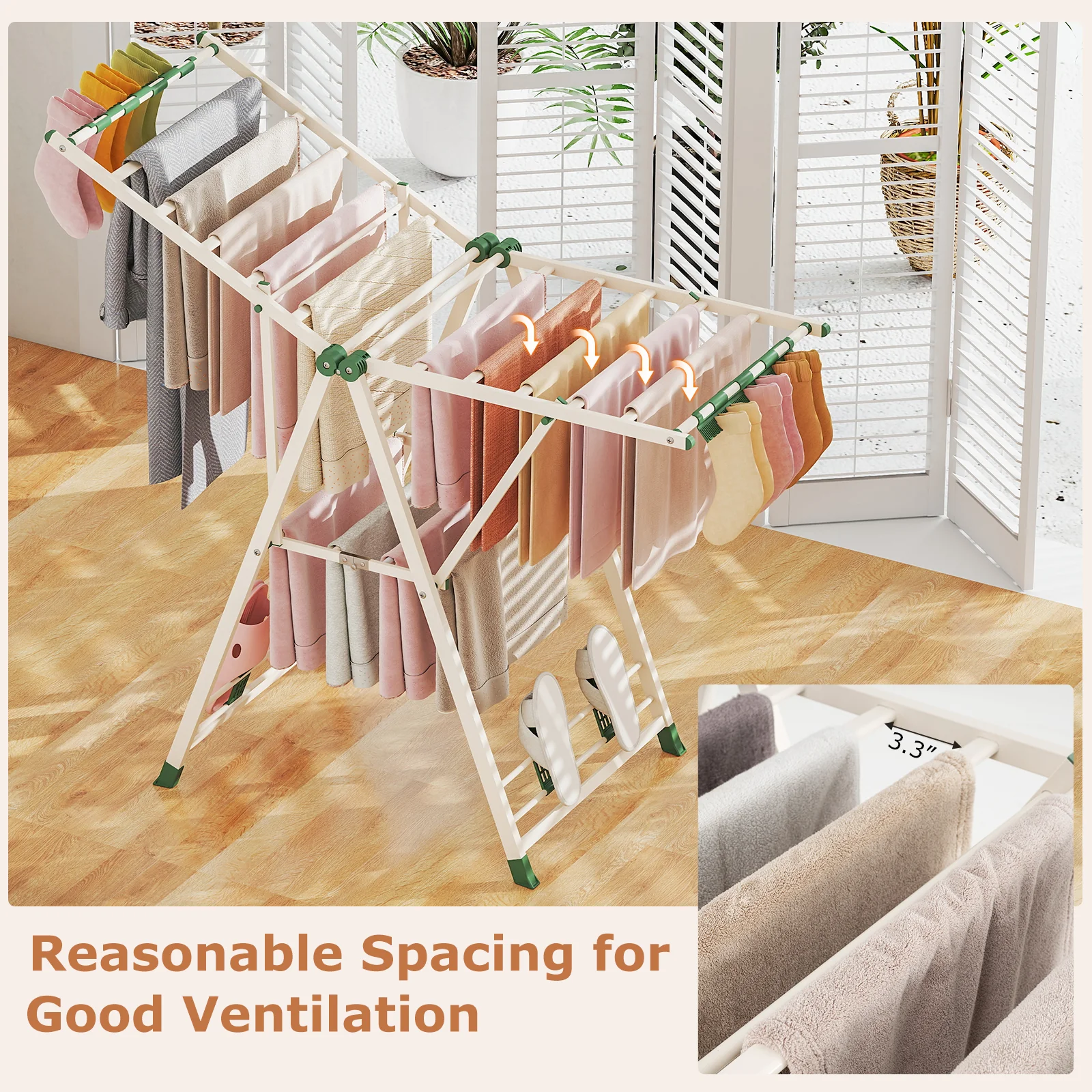 Height Adjustable Clothes Drying Rack, Beige - Image 10
