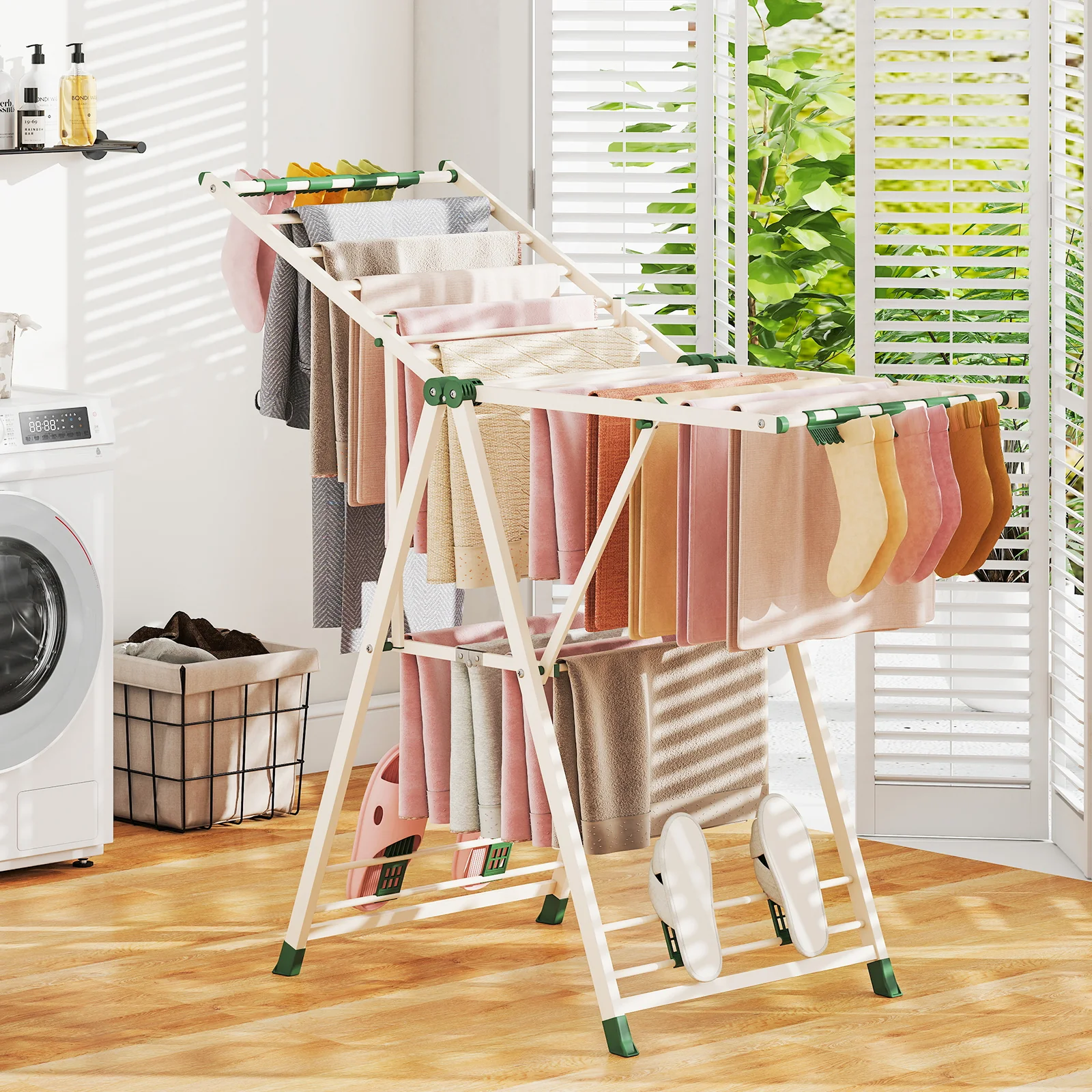 Height Adjustable Clothes Drying Rack, Beige - Image 2