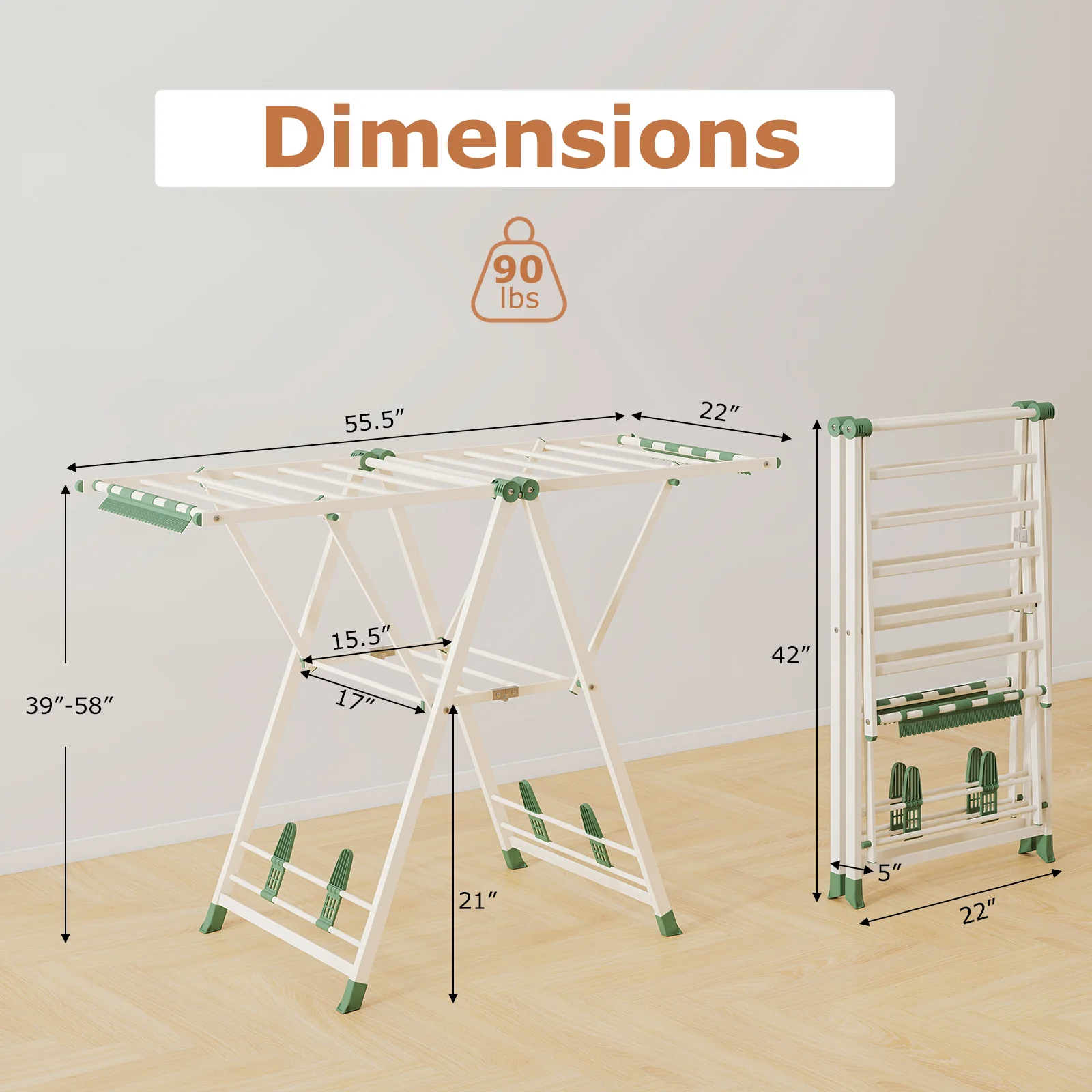 Height Adjustable Clothes Drying Rack, Beige - Image 6