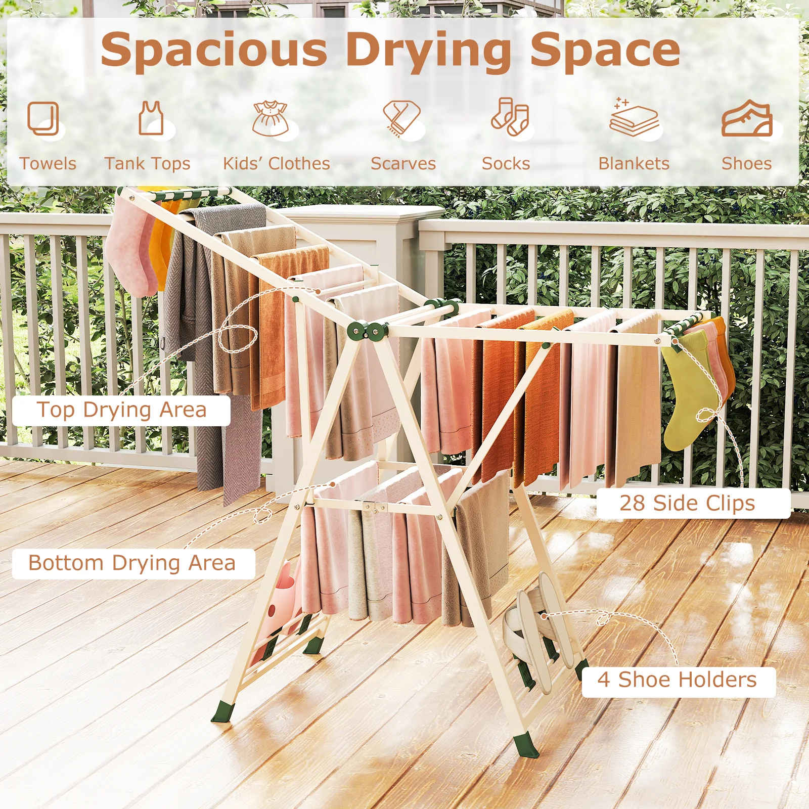 Height Adjustable Clothes Drying Rack, Beige - Image 7