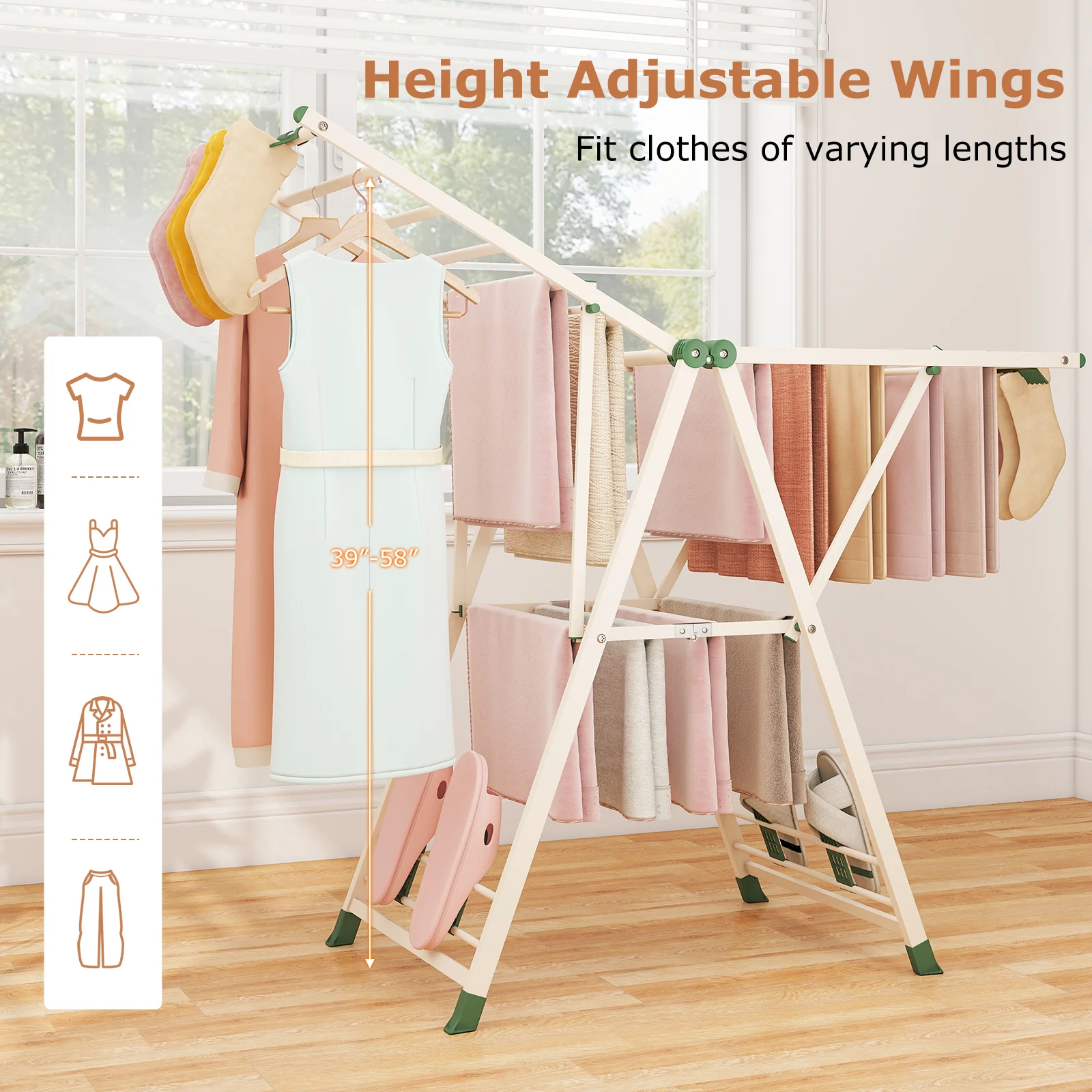 Height Adjustable Clothes Drying Rack, Beige - Image 8