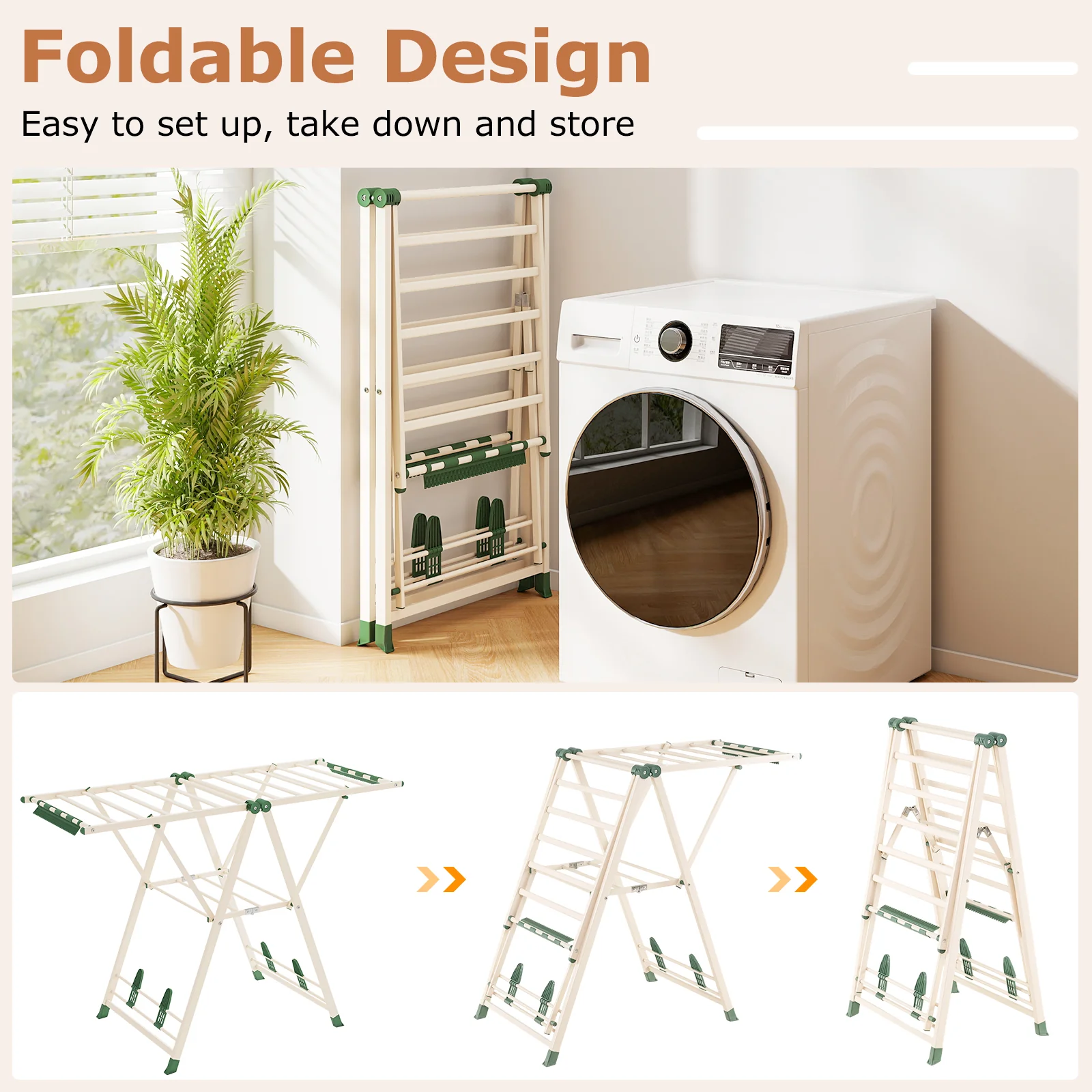 Height Adjustable Clothes Drying Rack, Beige - Image 9