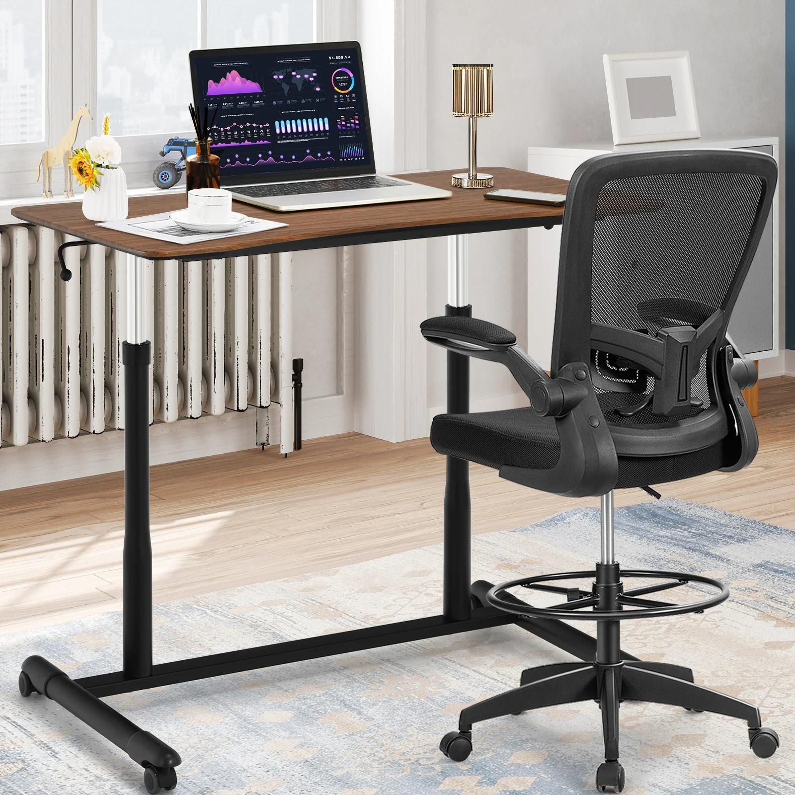 Height Adjustable Computer Desk, Sit To Stand Rolling Notebook Table, Brown - Image 2