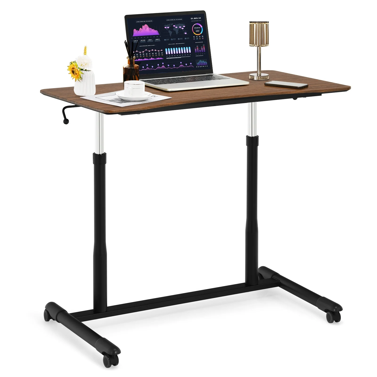 Height Adjustable Computer Desk, Sit To Stand Rolling Notebook Table, Brown - Image 5