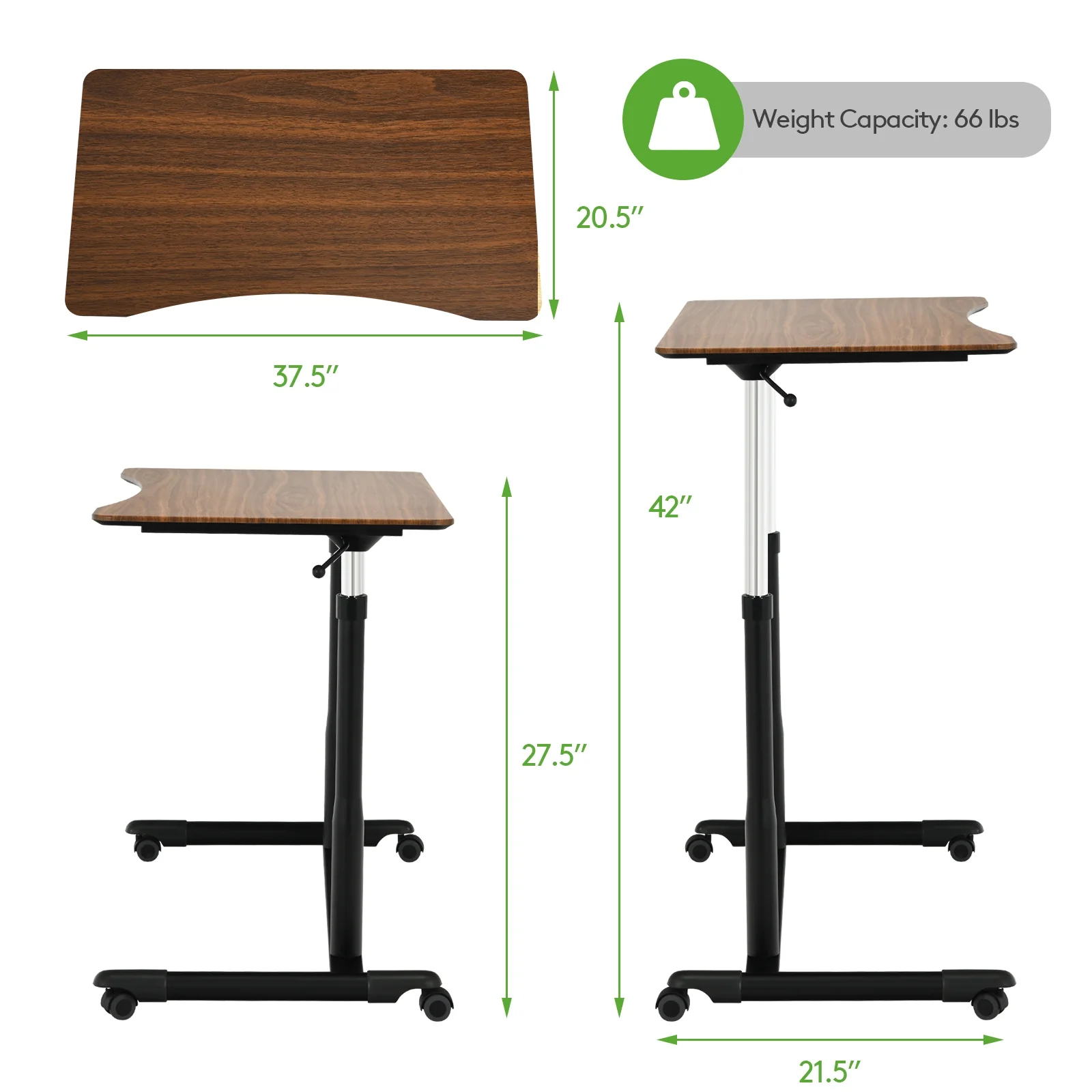 Height Adjustable Computer Desk, Sit To Stand Rolling Notebook Table, Brown - Image 6