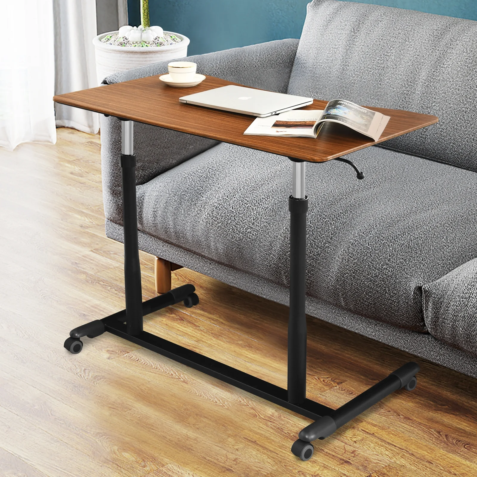 Height Adjustable Computer Desk, Sit To Stand Rolling Notebook Table, Brown - Image 9