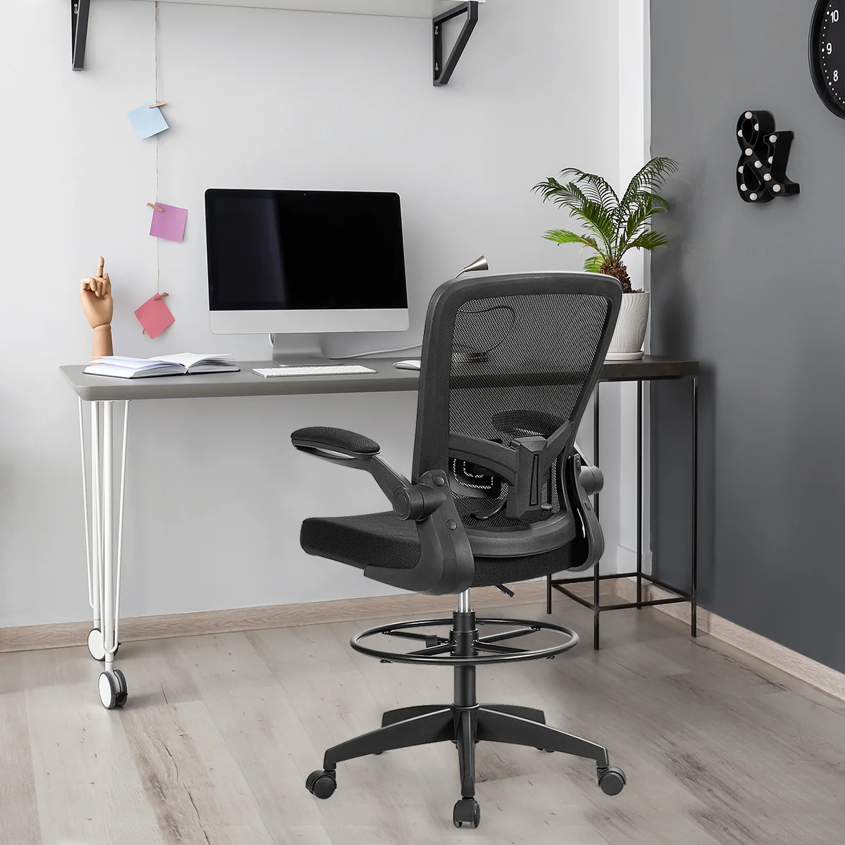 Height Adjustable Drafting Chair, Flip Up Arms, Black - Image 2