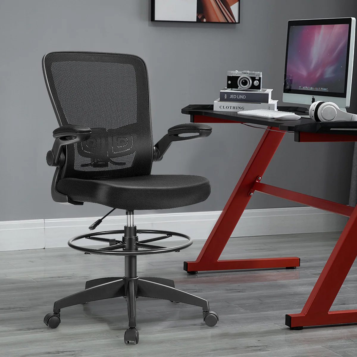 Height Adjustable Drafting Chair, Flip Up Arms, Black - Image 7