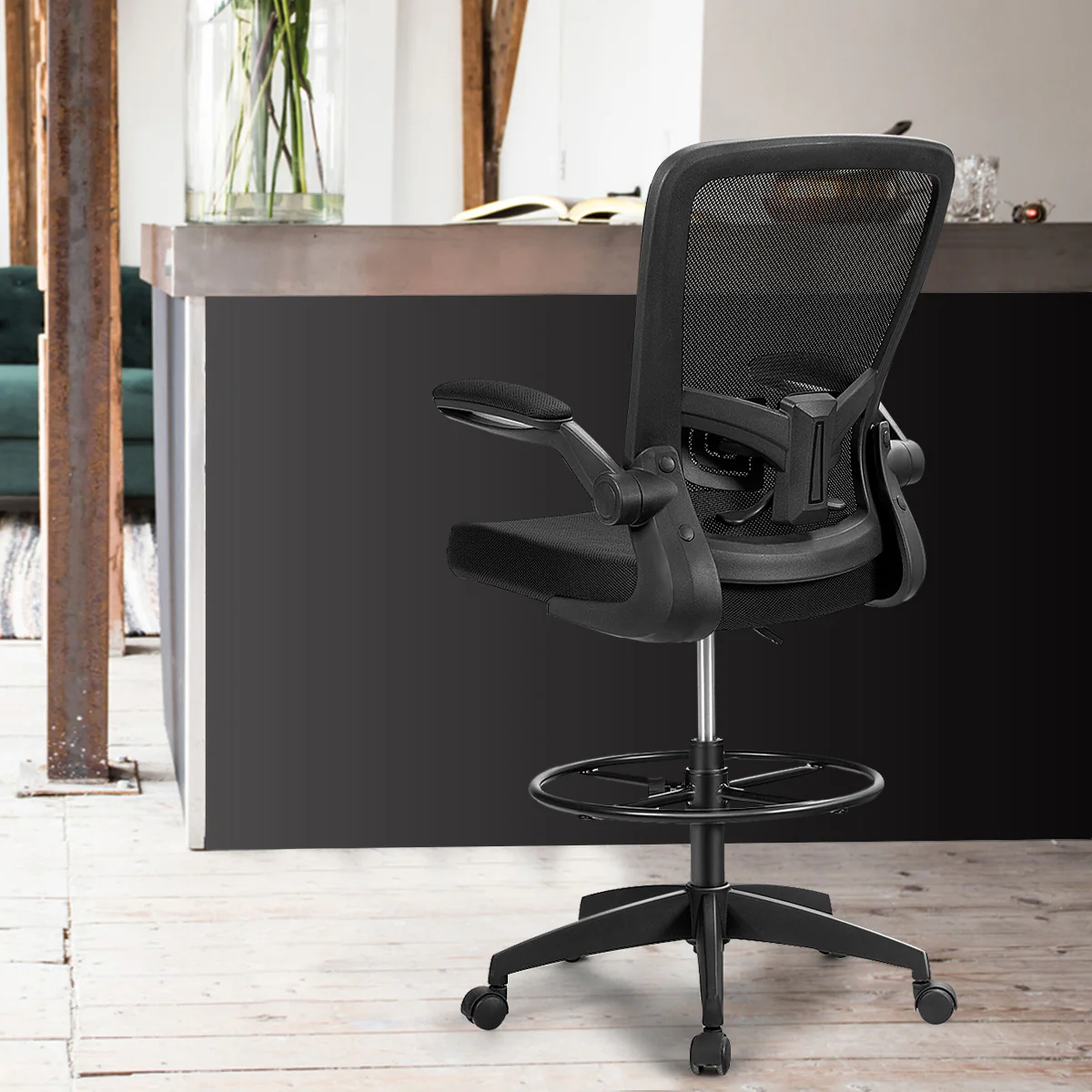 Height Adjustable Drafting Chair, Flip Up Arms, Black - Image 9