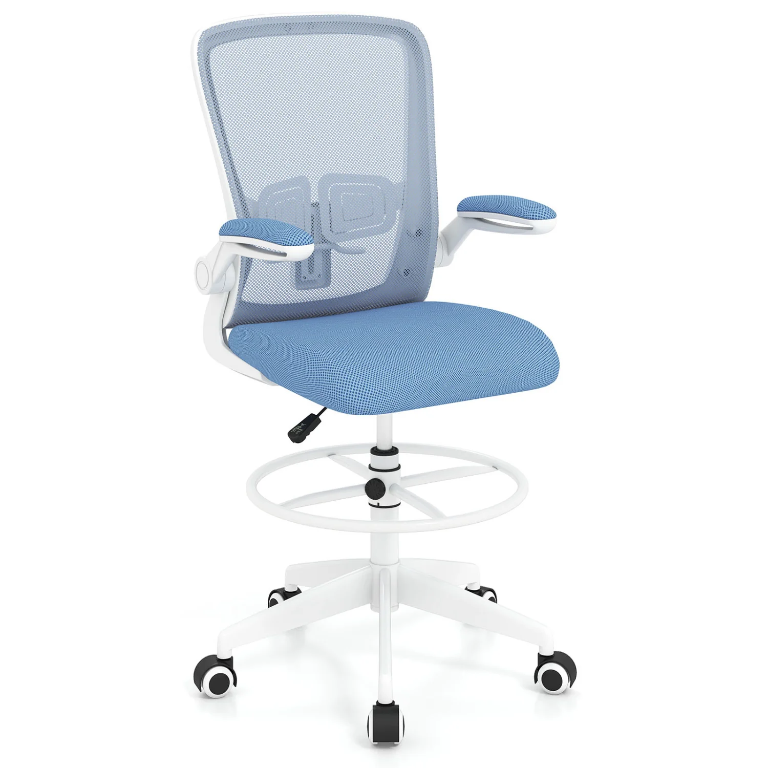 Height Adjustable Drafting Chair With Flip Up Arms, Blue