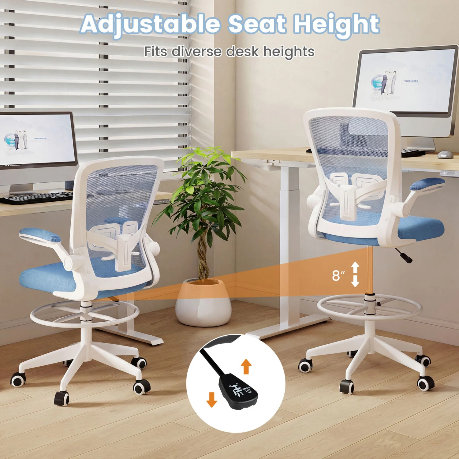 Height Adjustable Drafting Chair With Flip Up Arms, Blue - Image 10