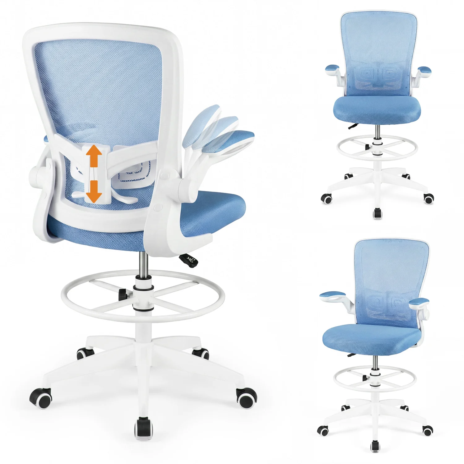 Height Adjustable Drafting Chair With Flip Up Arms, Blue - Image 5