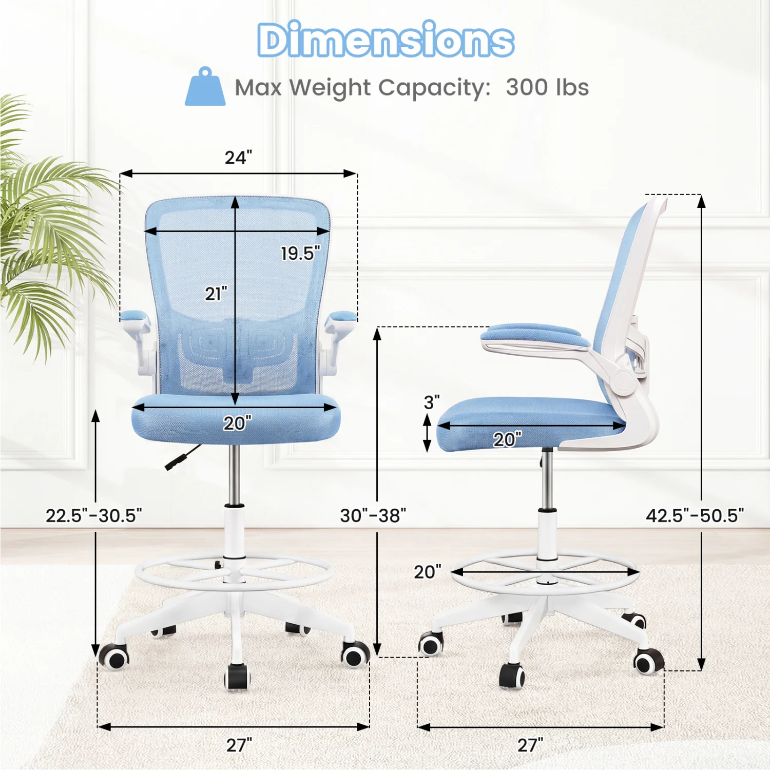 Height Adjustable Drafting Chair With Flip Up Arms, Blue - Image 6