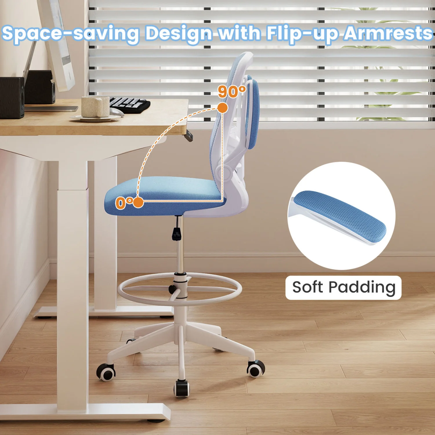 Height Adjustable Drafting Chair With Flip Up Arms, Blue - Image 7