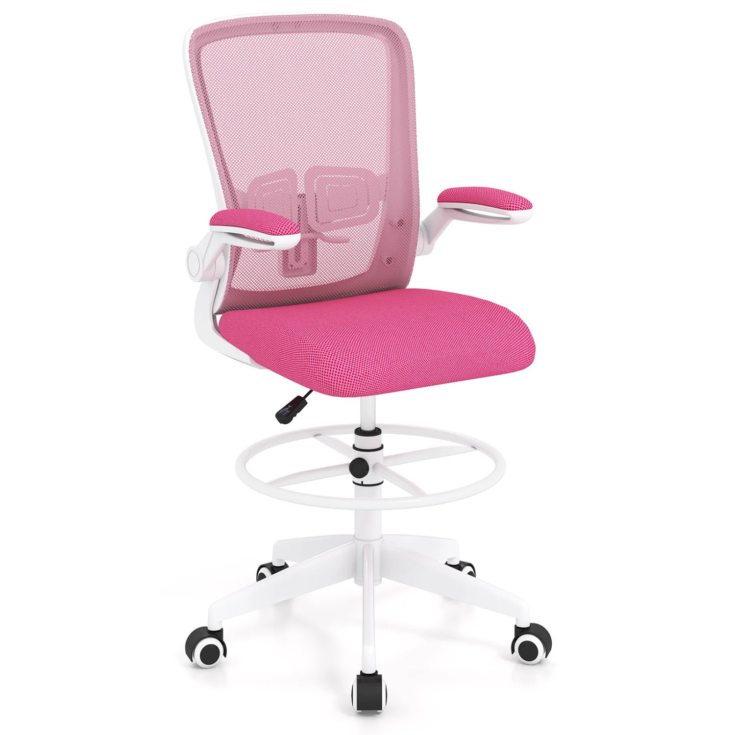 Height Adjustable Drafting Chair With Flip Up Arms, Pink