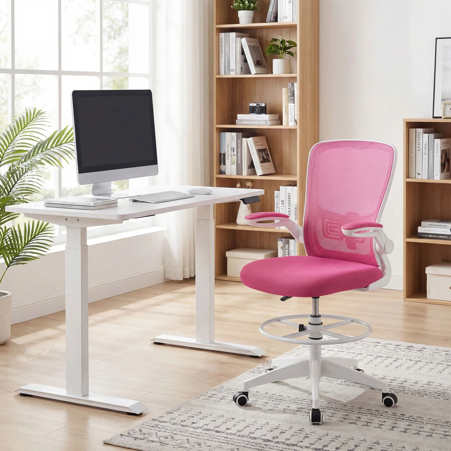 Height Adjustable Drafting Chair With Flip Up Arms, Pink - Image 2