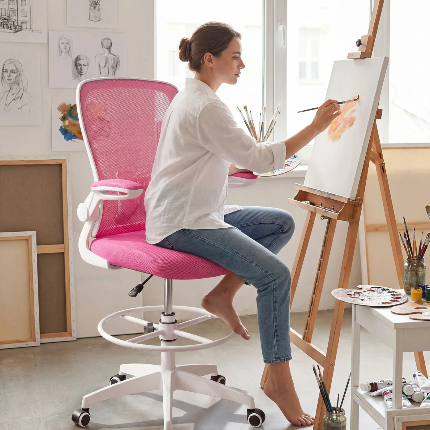 Height Adjustable Drafting Chair With Flip Up Arms, Pink - Image 3