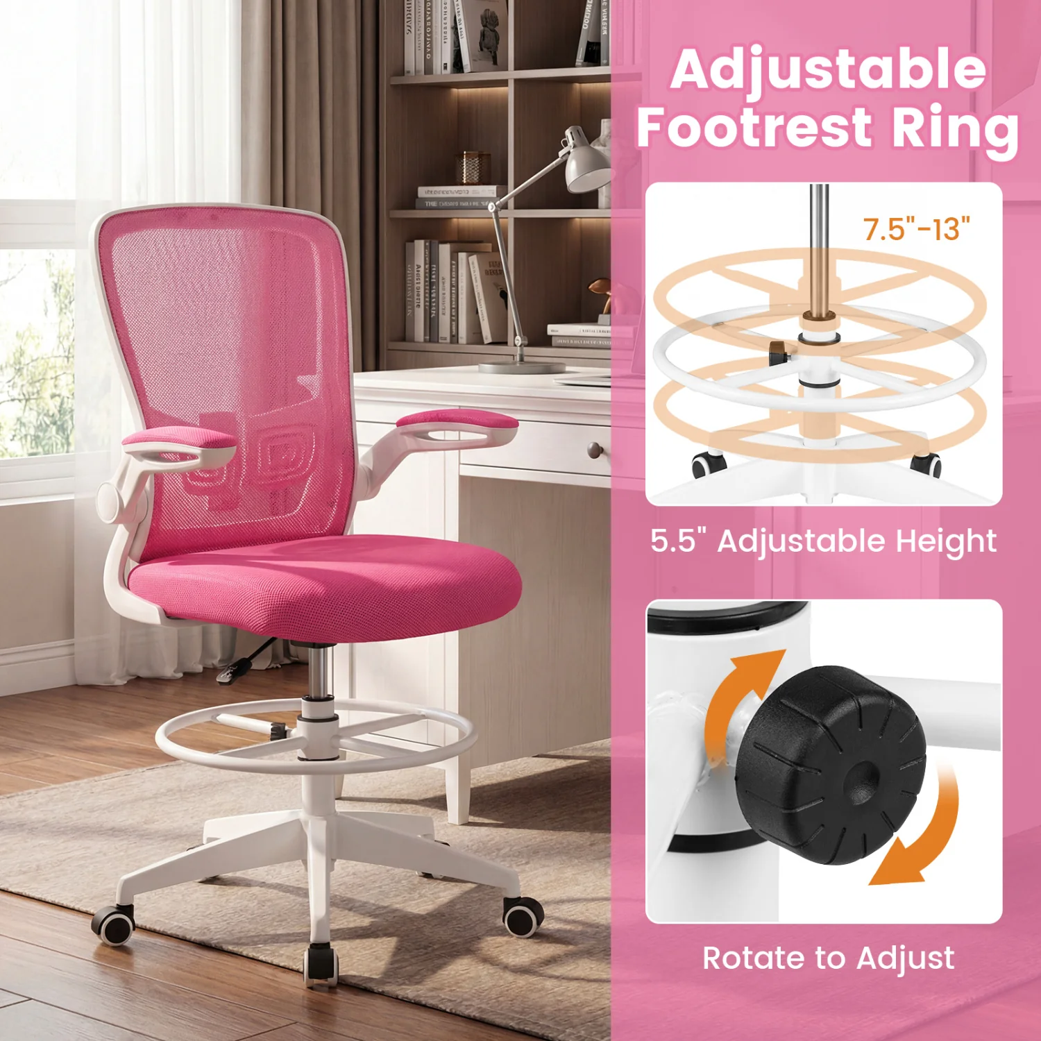 Height Adjustable Drafting Chair With Flip Up Arms, Pink - Image 9