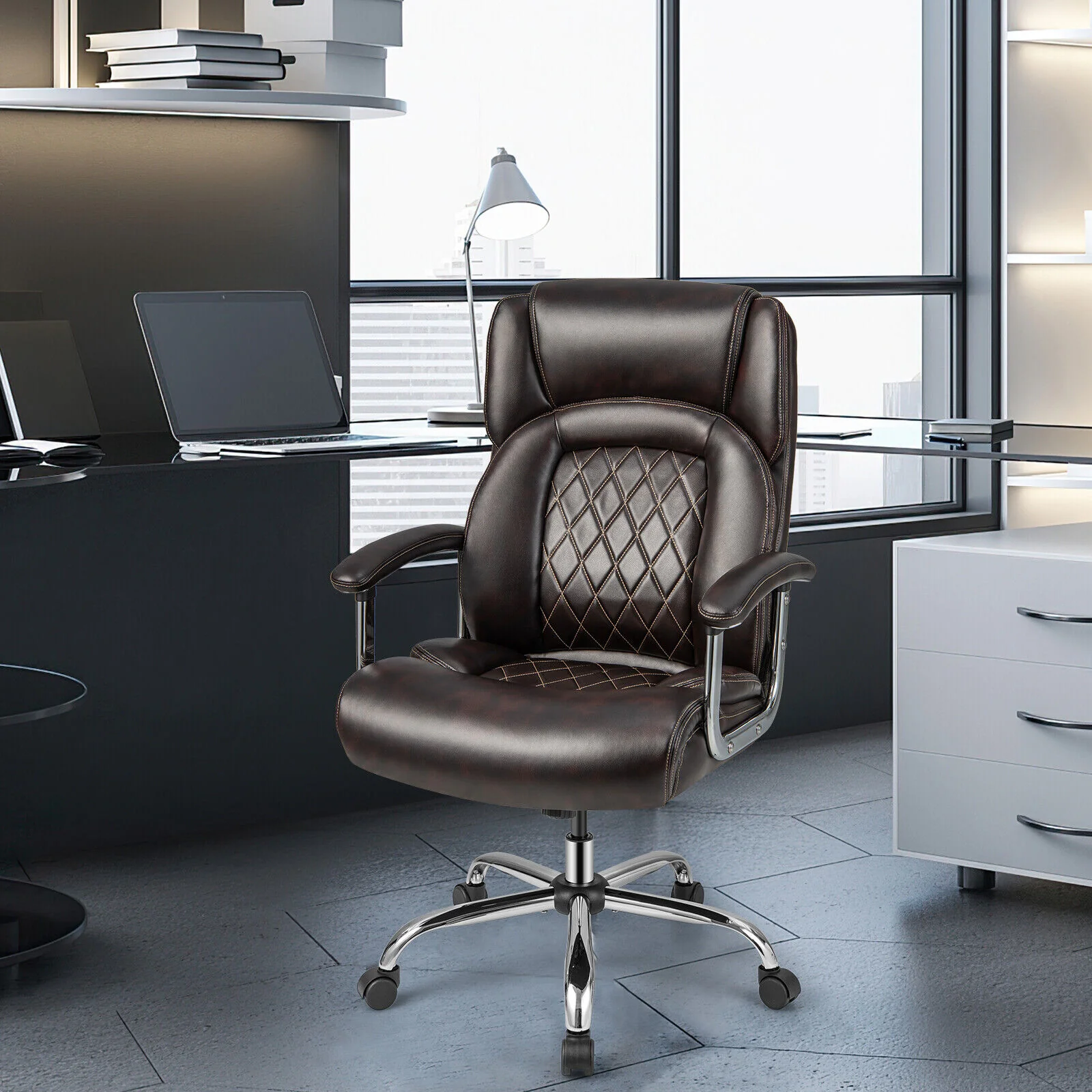 Height Adjustable Executive Chair, Metal Base, Brown - Image 3