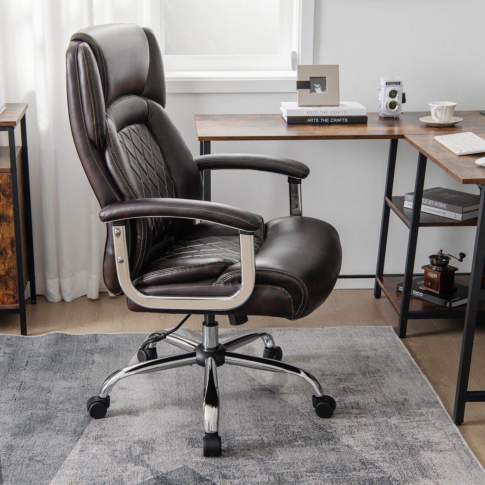 Height Adjustable Executive Chair, Metal Base, Brown - Image 6