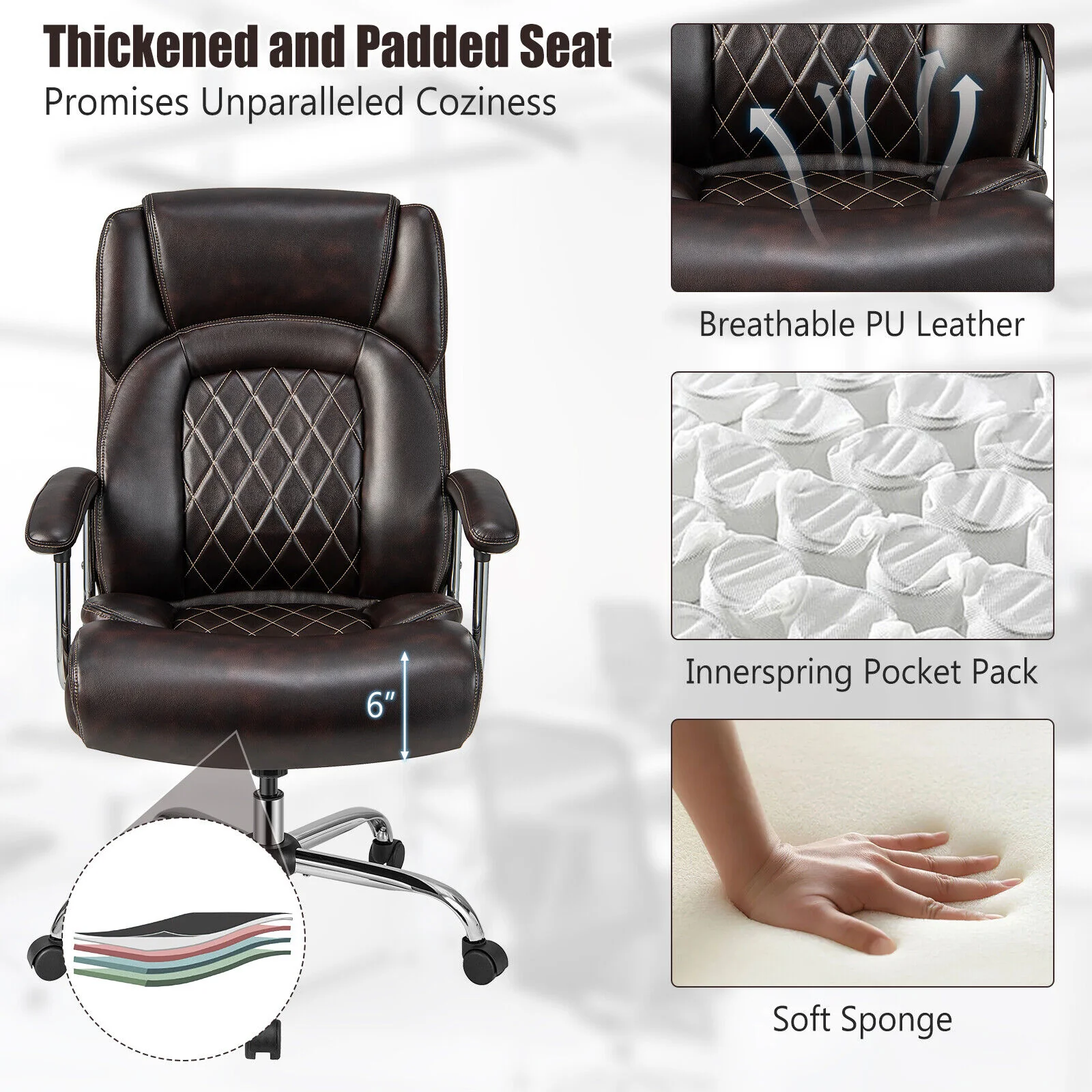 Height Adjustable Executive Chair, Metal Base, Brown - Image 9