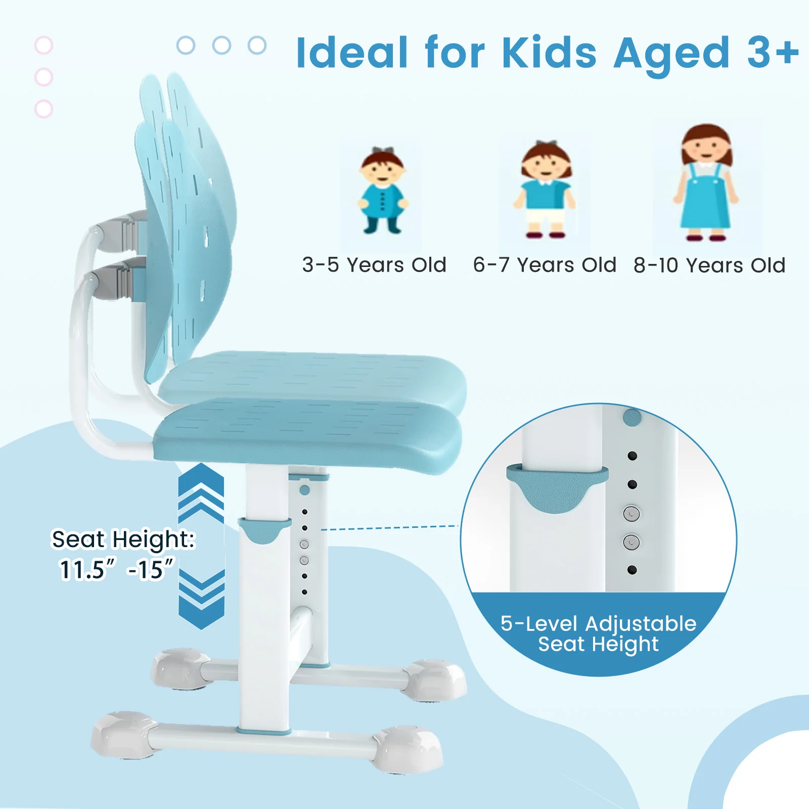 Height Adjustable Kids Study Chair, Double Back Support, Breathable Seat, Blue - Image 10