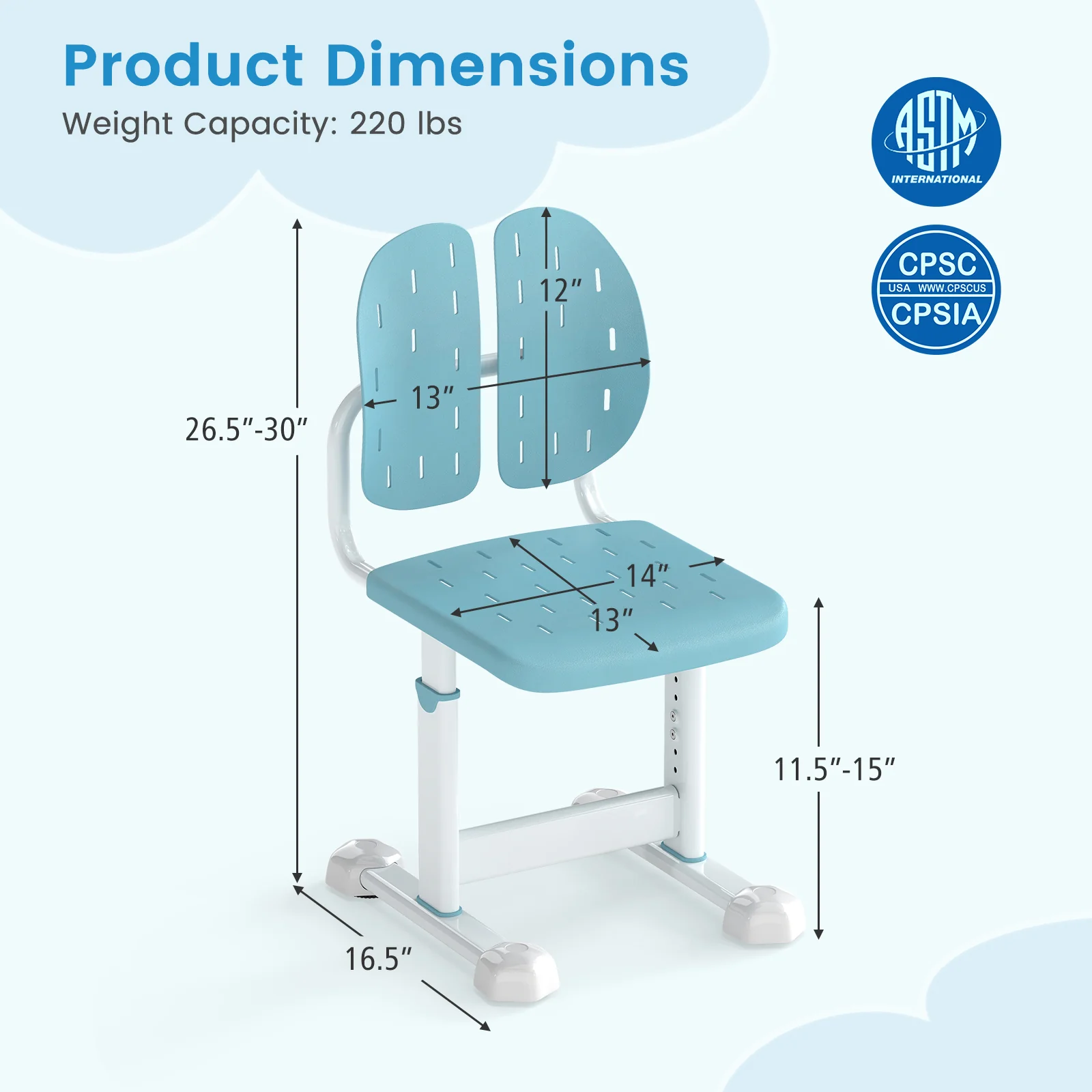 Height Adjustable Kids Study Chair, Double Back Support, Breathable Seat, Blue - Image 6