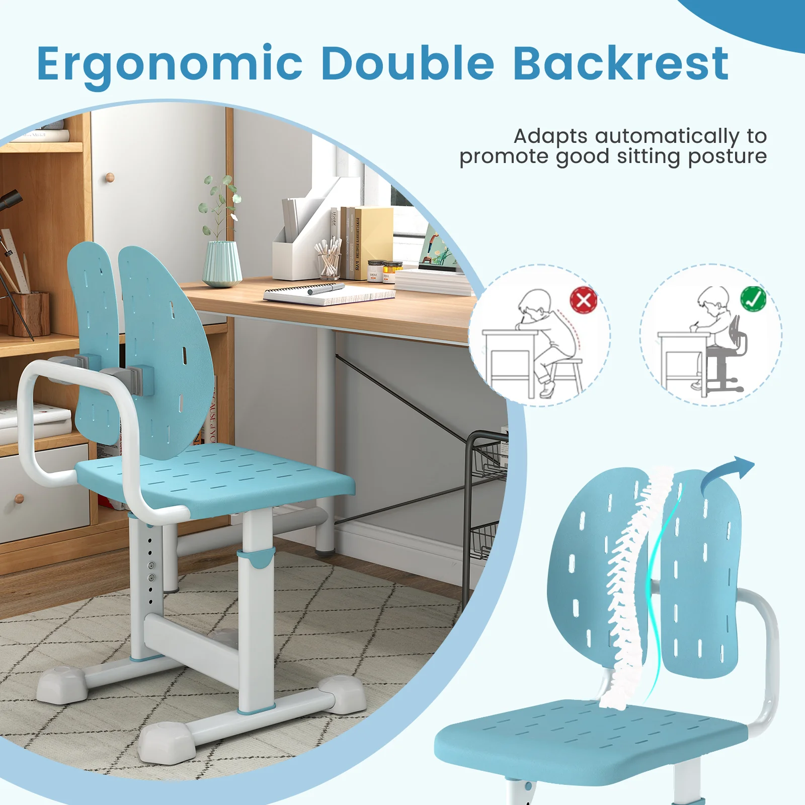 Height Adjustable Kids Study Chair, Double Back Support, Breathable Seat, Blue - Image 8