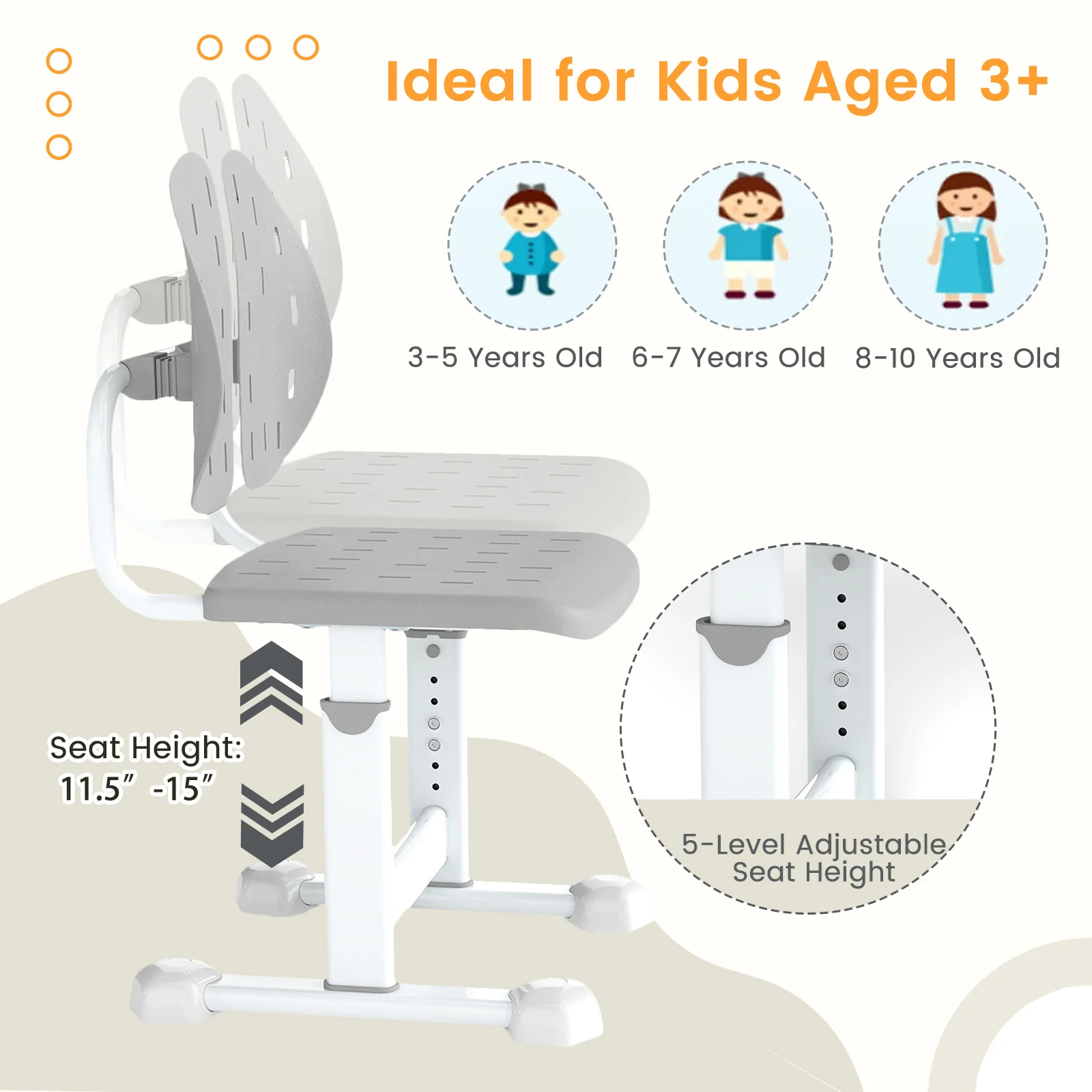 Height-Adjustable Kids Study Chair, Double Back Support, Breathable Seat, Gray - Image 10
