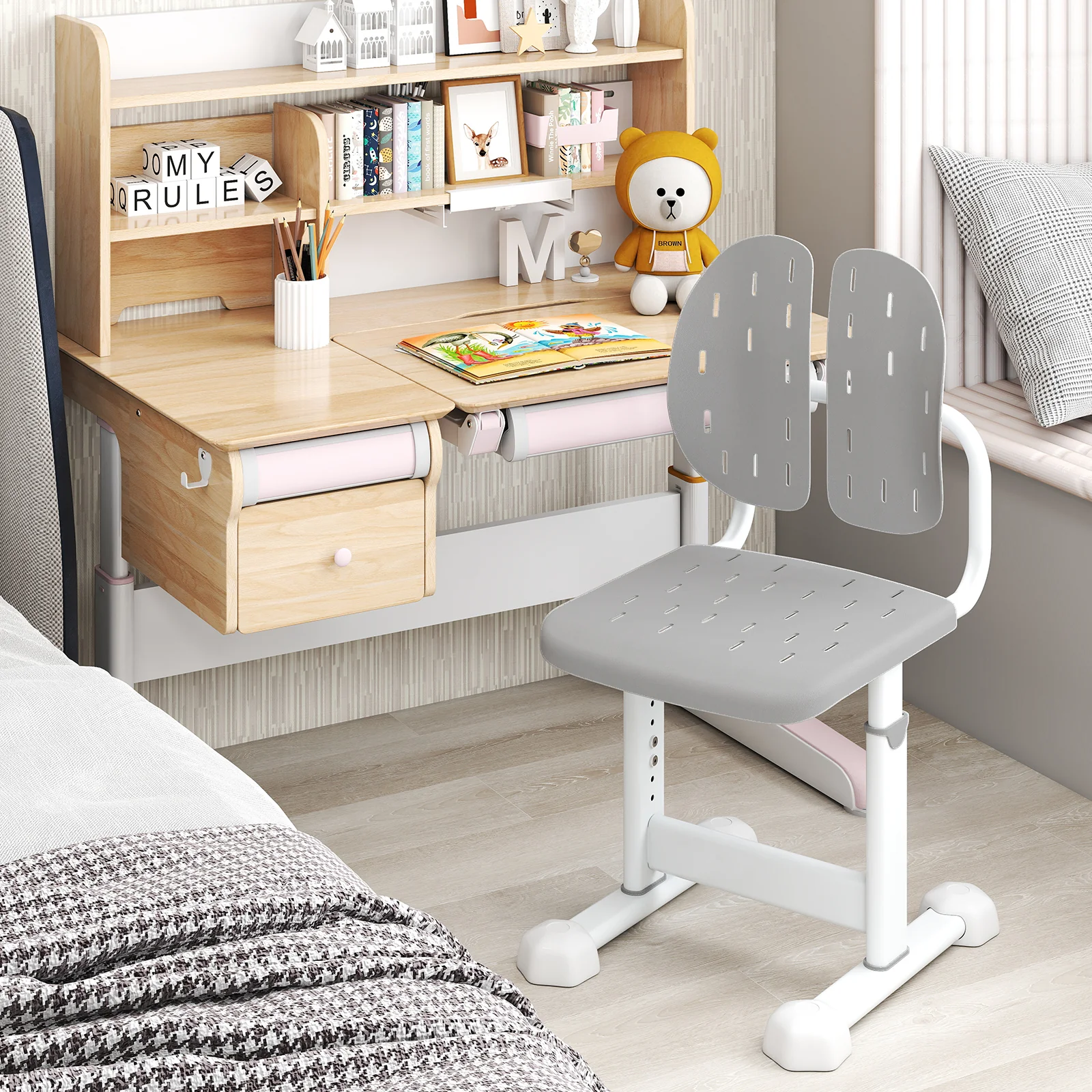 Height-Adjustable Kids Study Chair, Double Back Support, Breathable Seat, Gray - Image 3