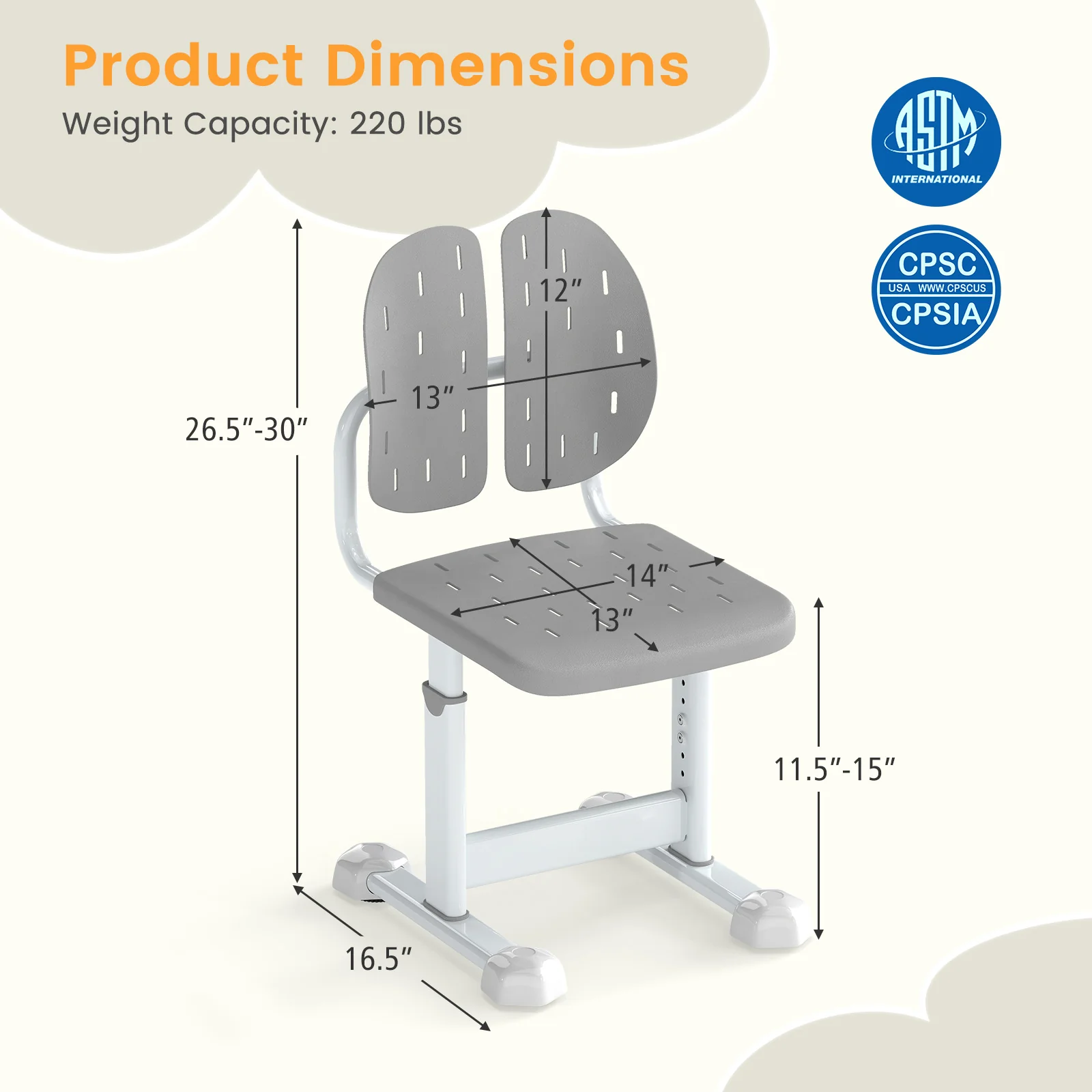 Height-Adjustable Kids Study Chair, Double Back Support, Breathable Seat, Gray - Image 6