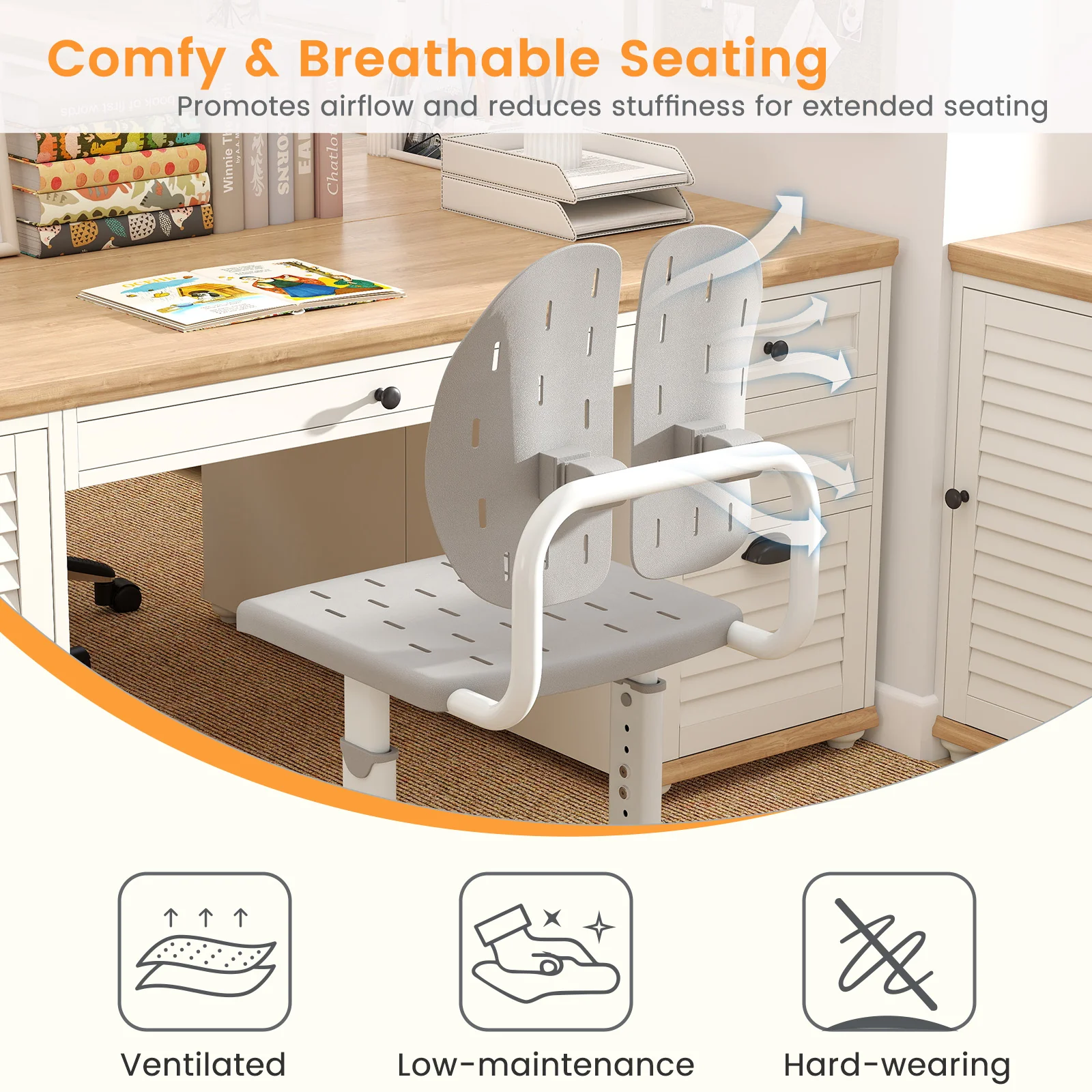 Height-Adjustable Kids Study Chair, Double Back Support, Breathable Seat, Gray - Image 9