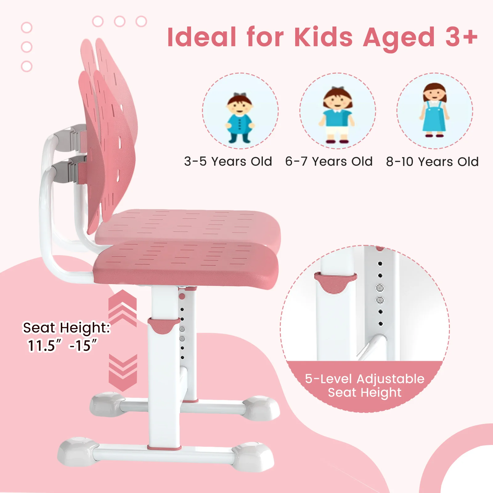 Height-Adjustable Kid's Study Chair, Double Back Support, Breathable Seat, Pink - Image 10