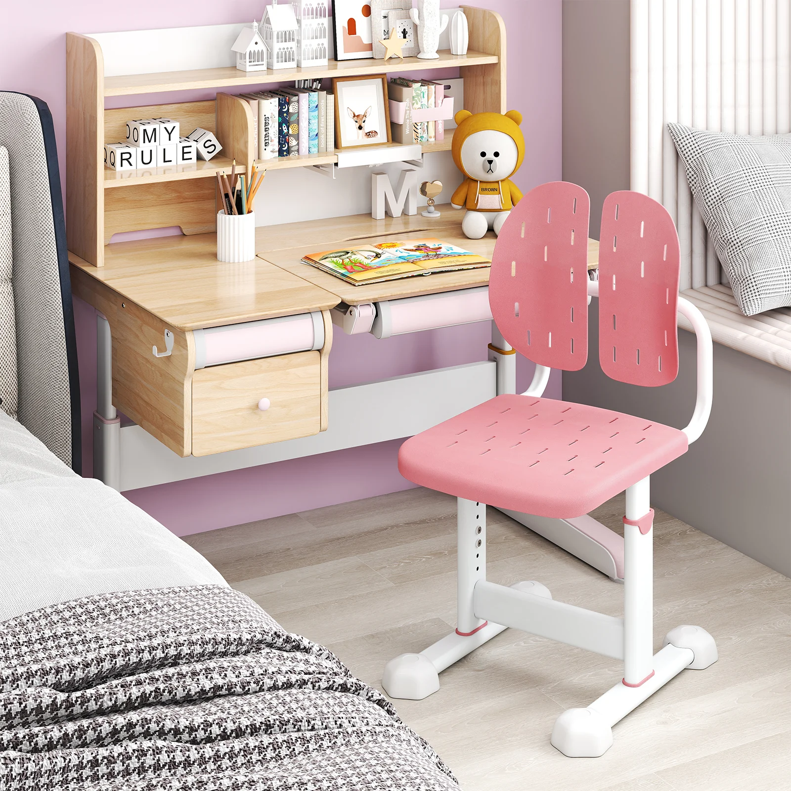 Height-Adjustable Kid's Study Chair, Double Back Support, Breathable Seat, Pink - Image 3