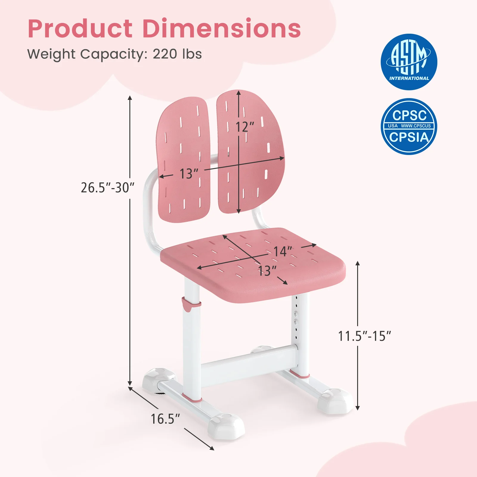 Height-Adjustable Kid's Study Chair, Double Back Support, Breathable Seat, Pink - Image 6