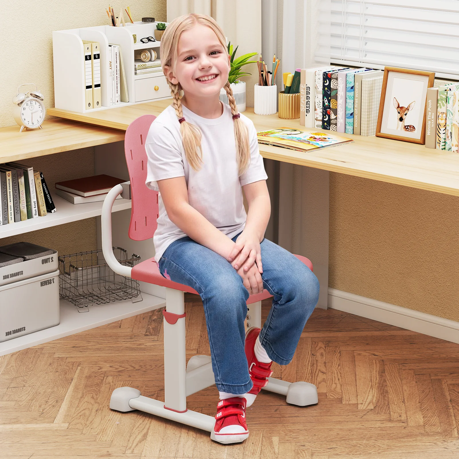 Height-Adjustable Kid's Study Chair, Double Back Support, Breathable Seat, Pink - Image 7
