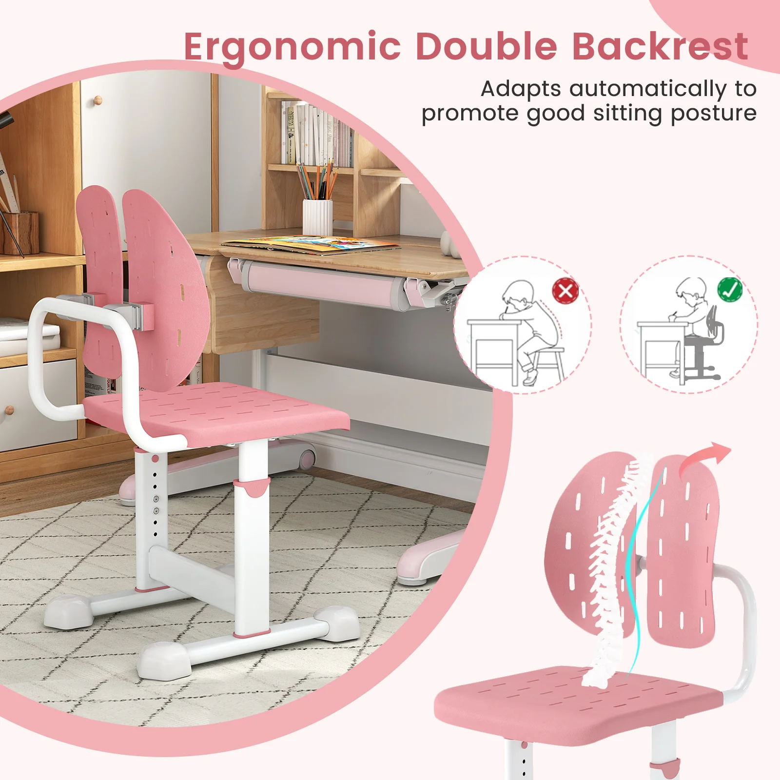 Height-Adjustable Kid's Study Chair, Double Back Support, Breathable Seat, Pink - Image 8