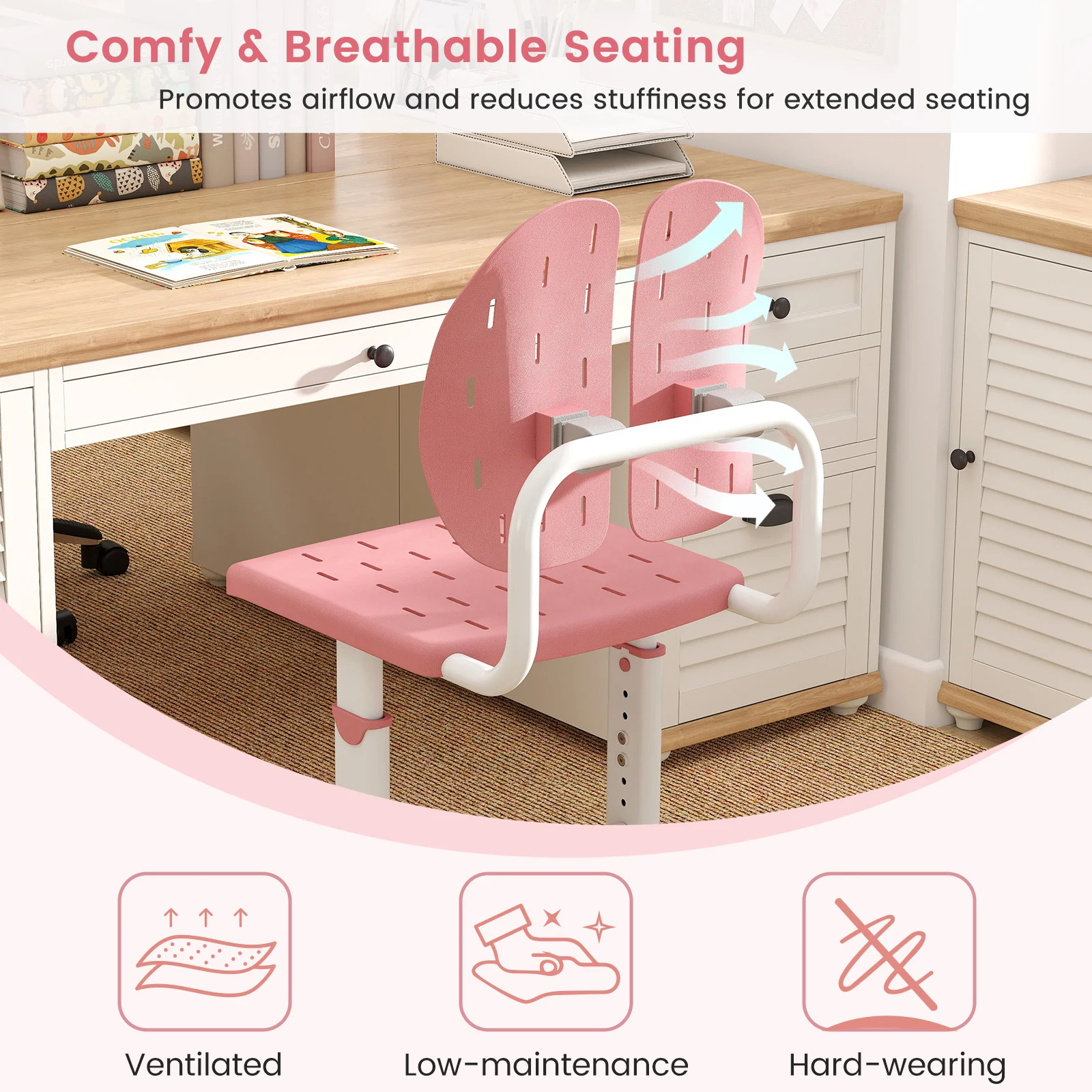 Height-Adjustable Kid's Study Chair, Double Back Support, Breathable Seat, Pink - Image 9